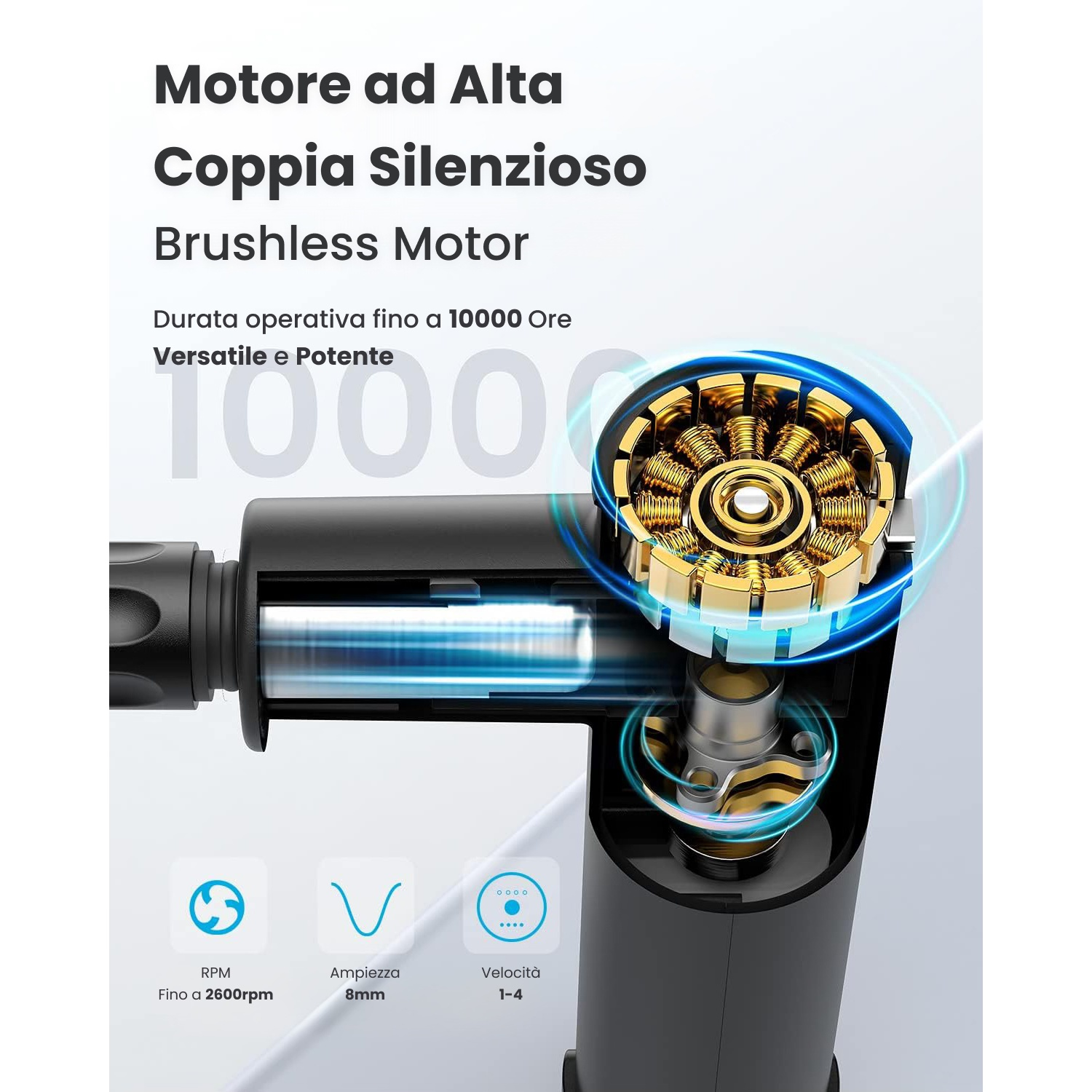 Primo piano di un motore brushless con bobine dorate e accenti di luce blu.