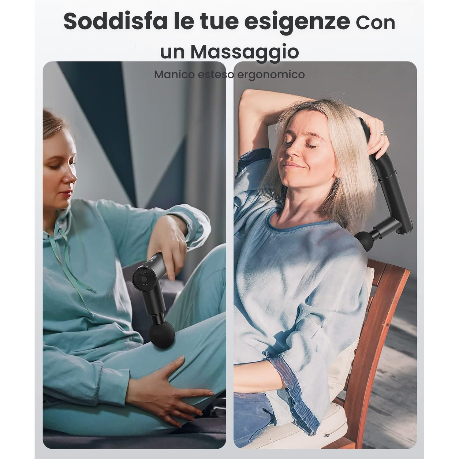 Due donne usano una pistola massaggiante. Una si rilassa, l'altra si massaggia la gamba.