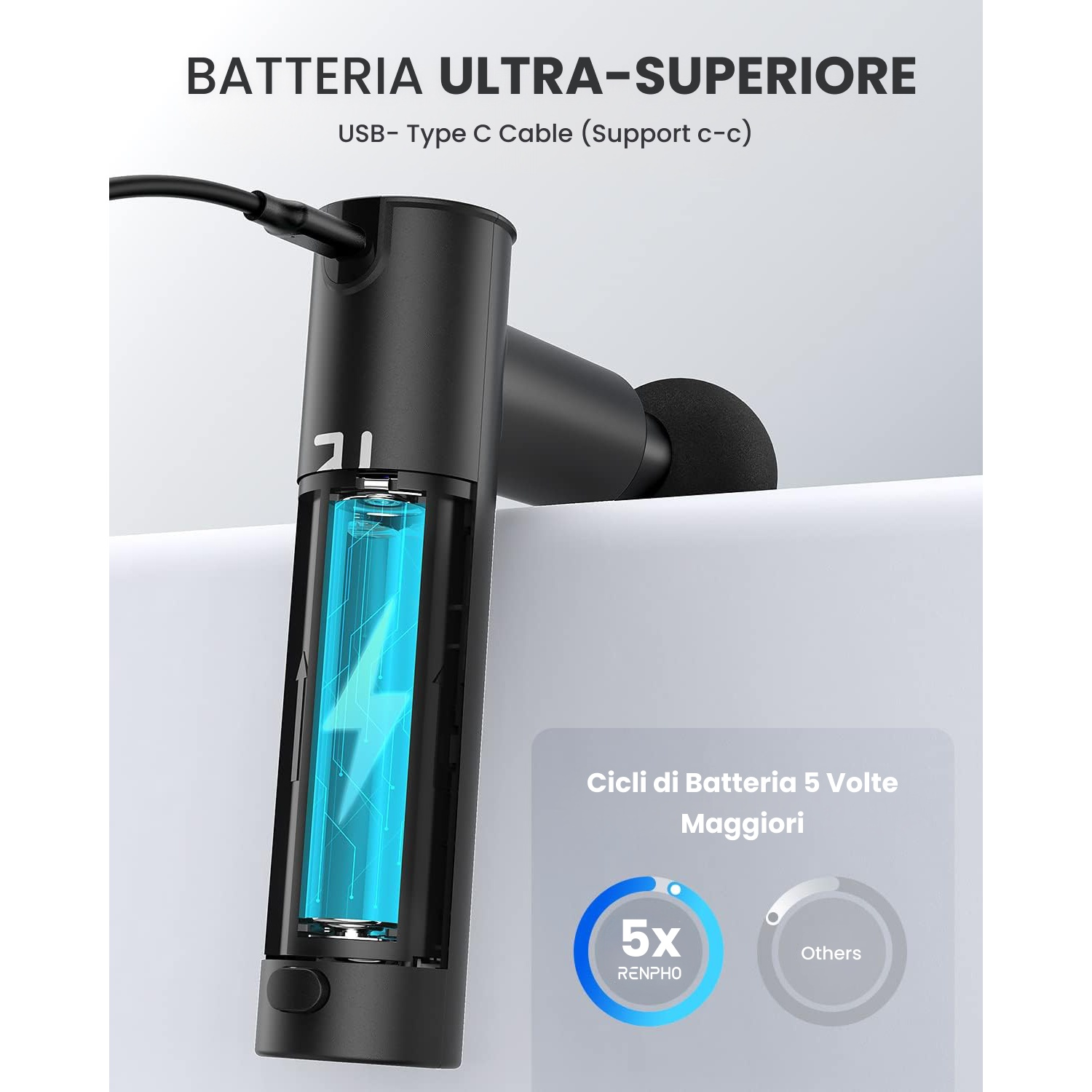 Pistola massaggiante nera con batteria esposta, cavo USB-C collegato.