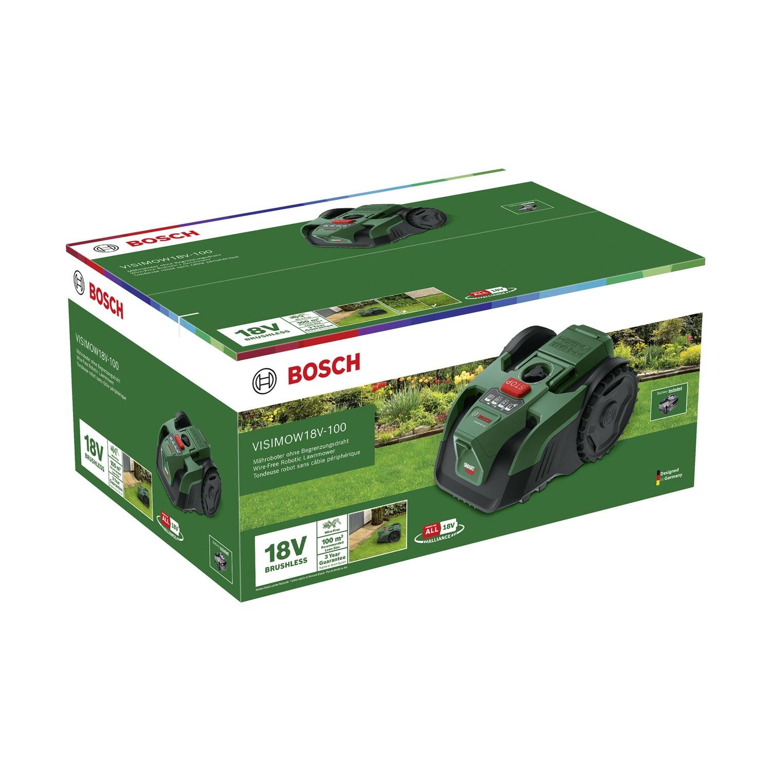 Confezione di un robot tosaerba Bosch con dettagli e immagini del dispositivo.