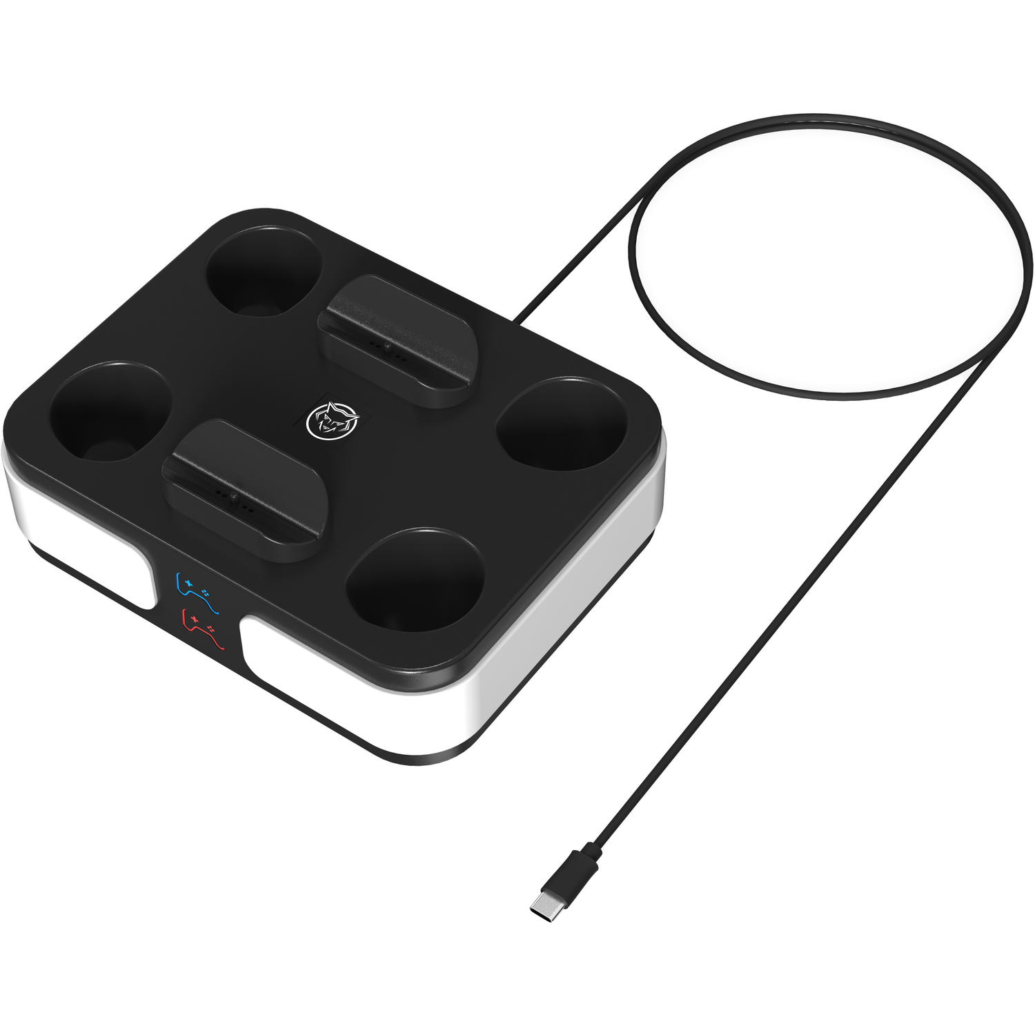 Black charging hub with four round slots and two charging bays.