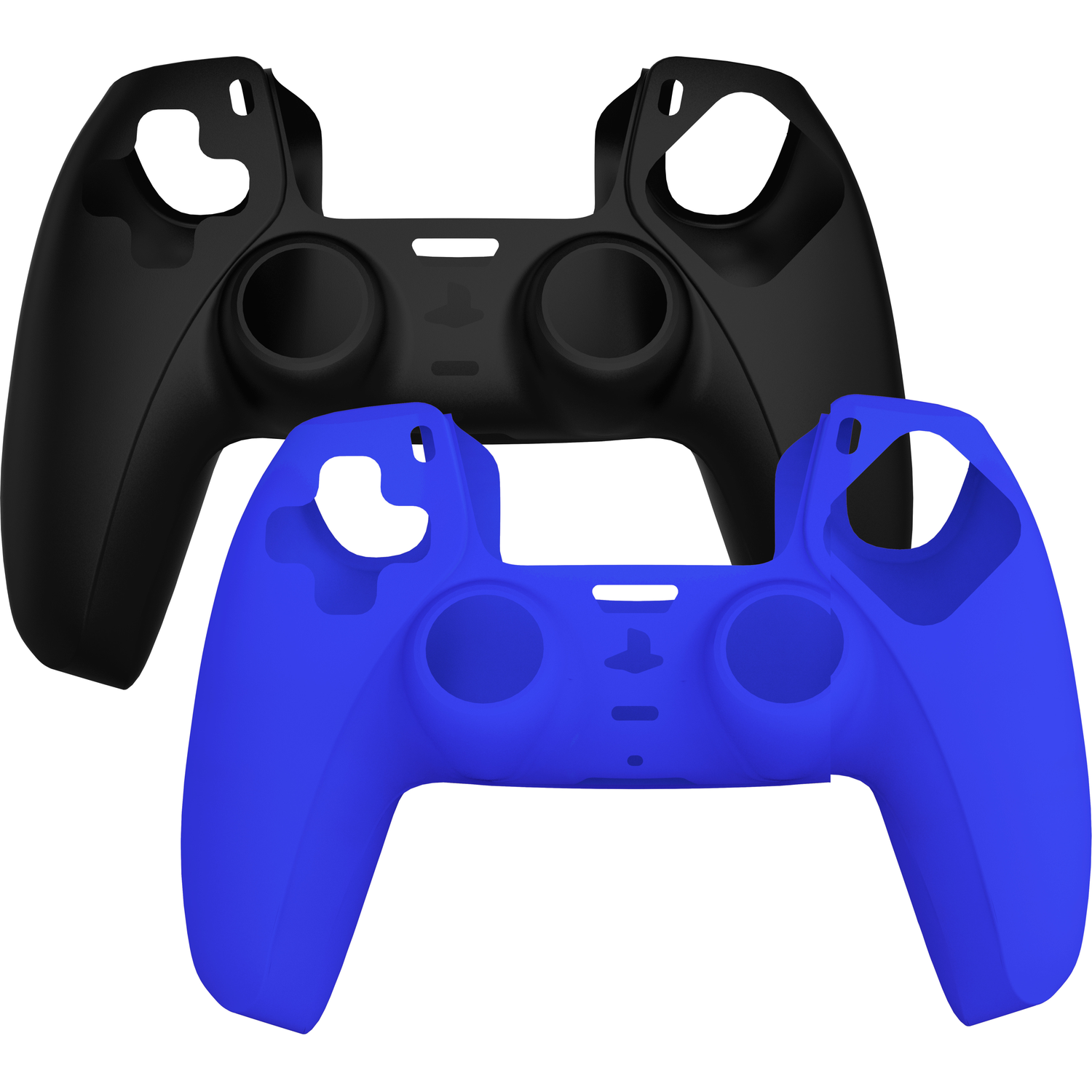 Two controller shells, one black and one blue, side by side.