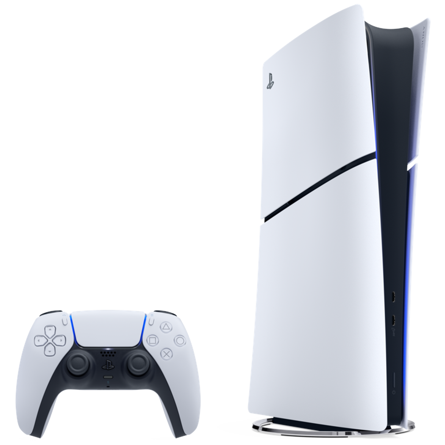 A white PlayStation 5 console with controller on a white background.