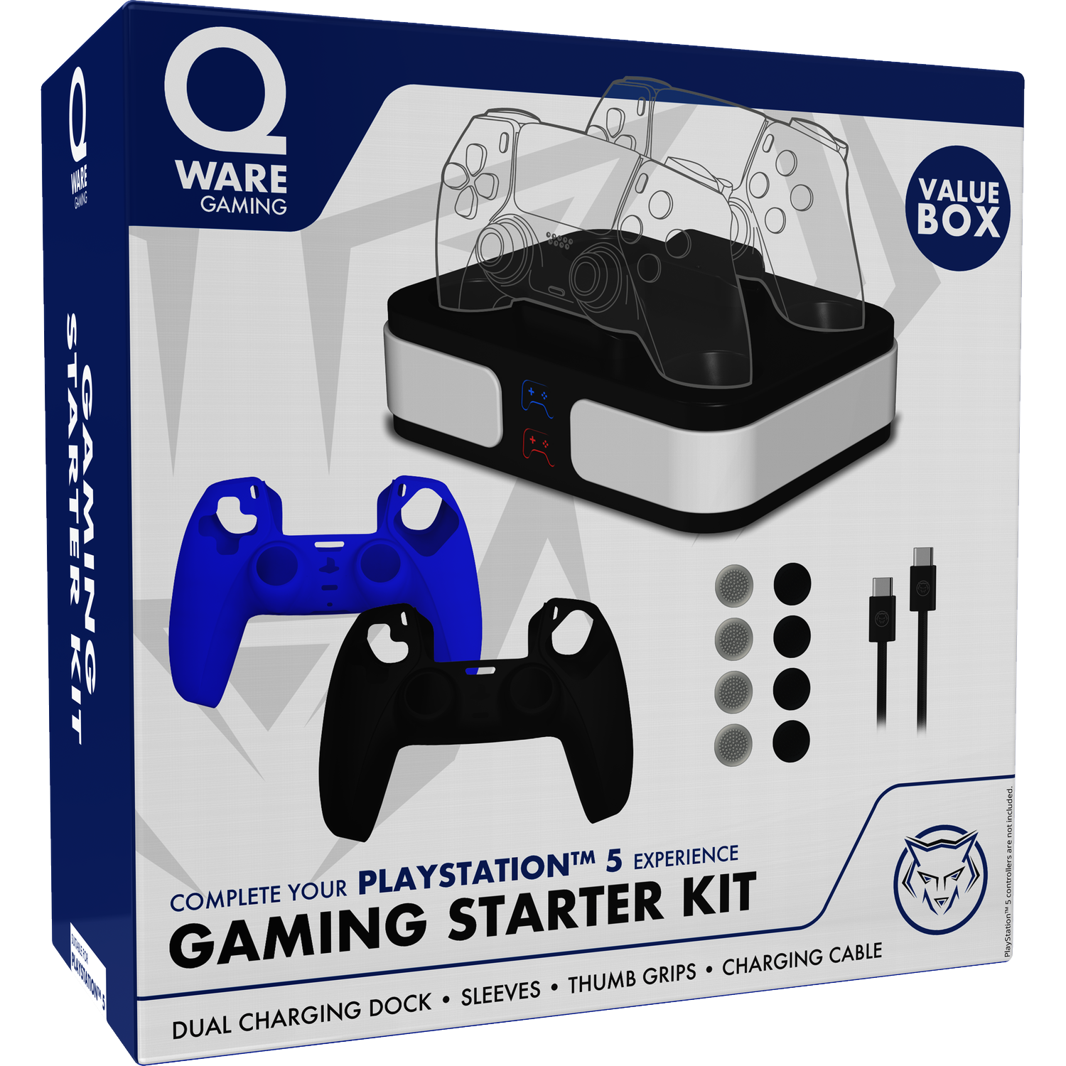 Gaming Starter Kit box with blue & black controllers, dock, grips, cable.