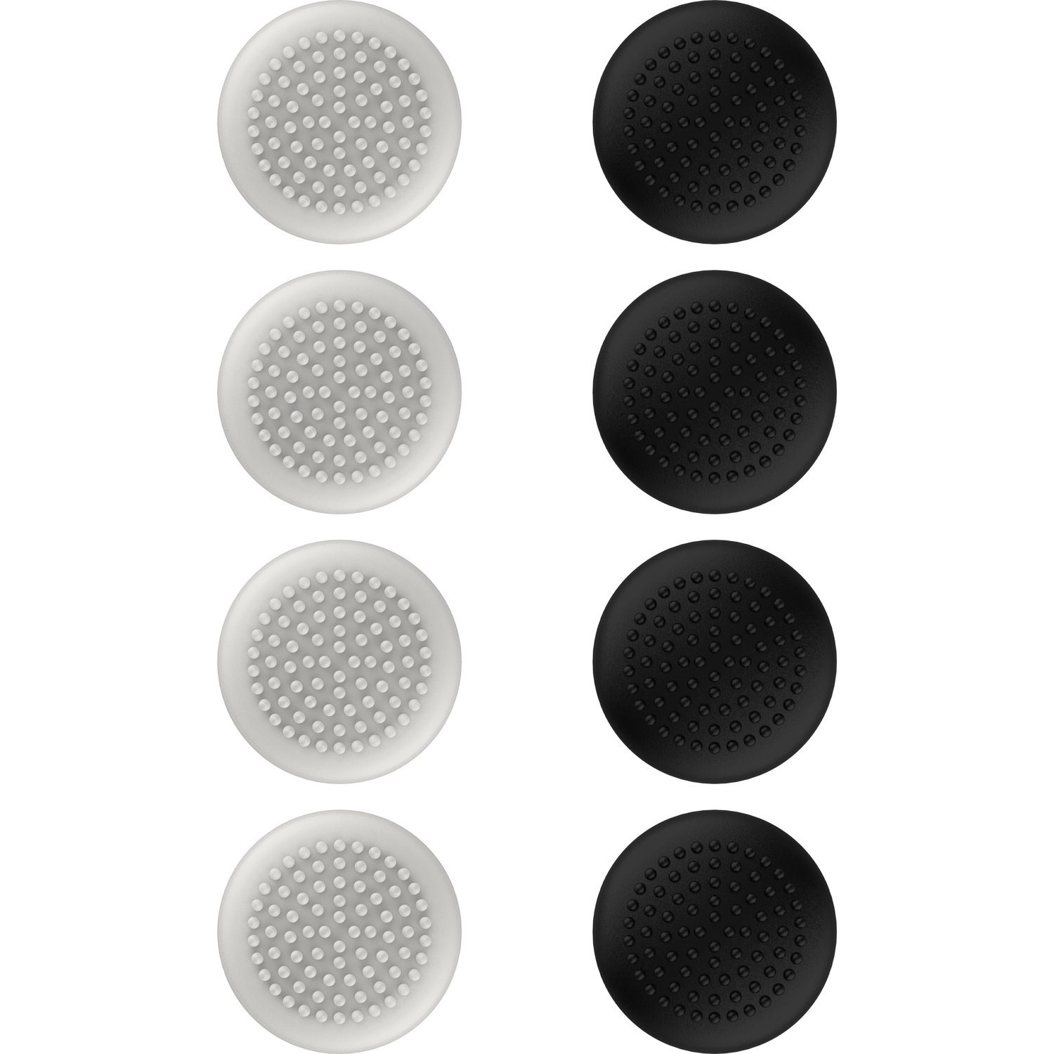 Four white and four black joystick caps with a dotted pattern.