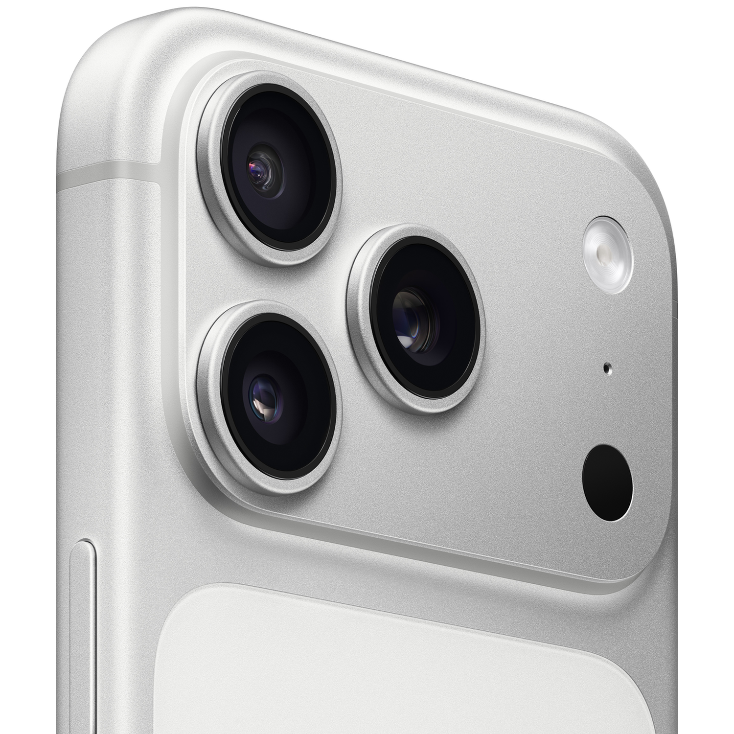 Close-up of a silver iPhone back showing three cameras and a flash.