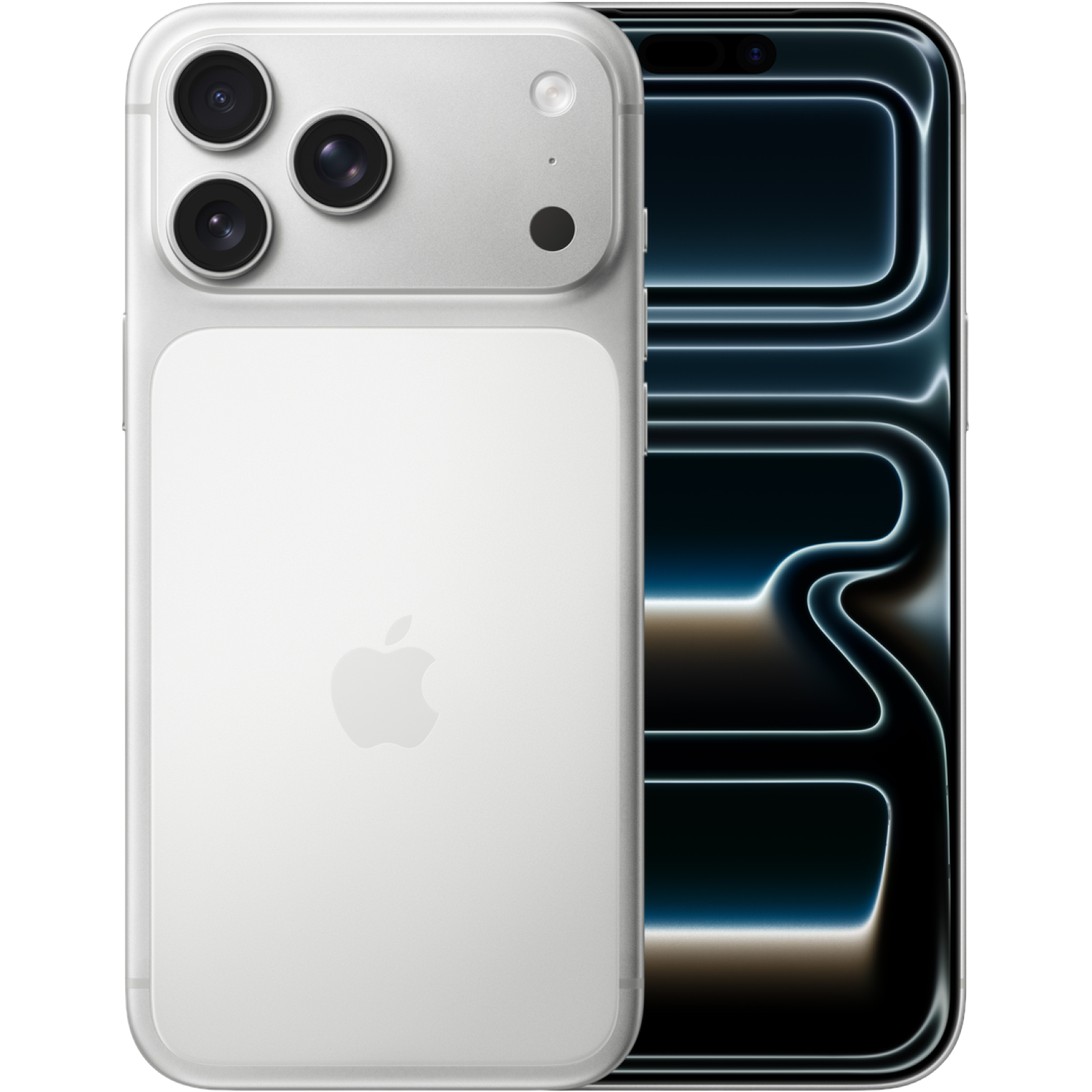 A white iPhone with three rear cameras and a dark, glowing screen.