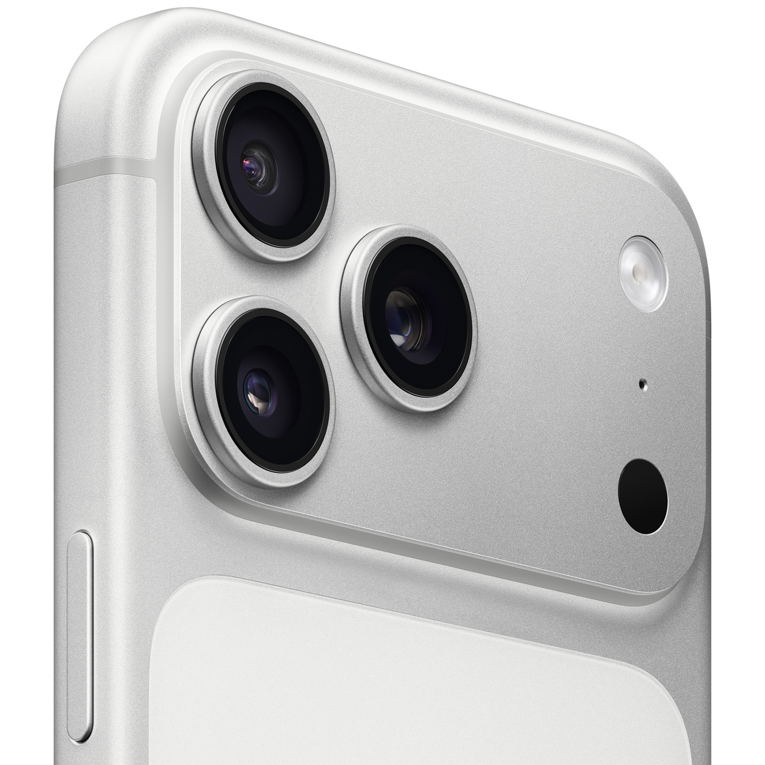 Close-up of a silver smartphone's back, showing three camera lenses and a flash.