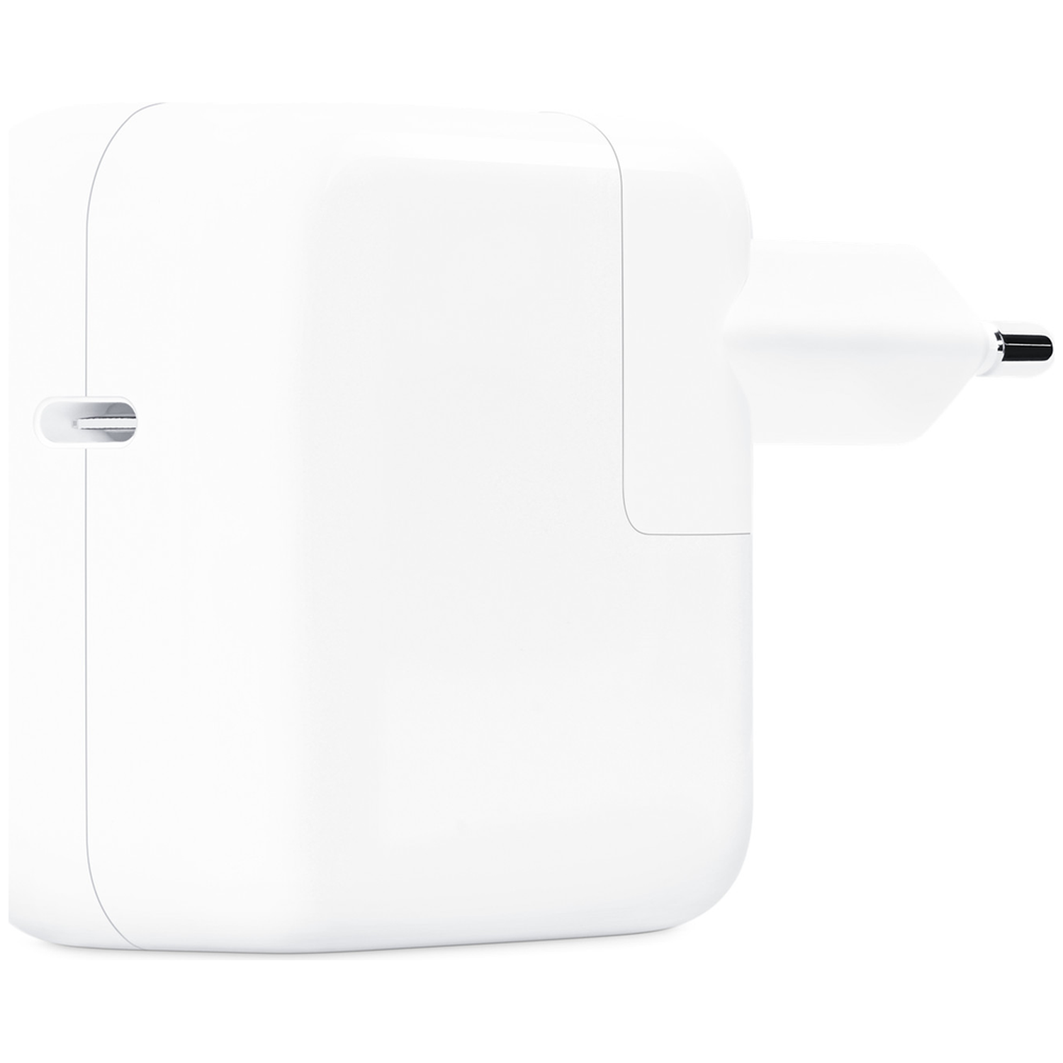 A white USB-C charger with European prongs.