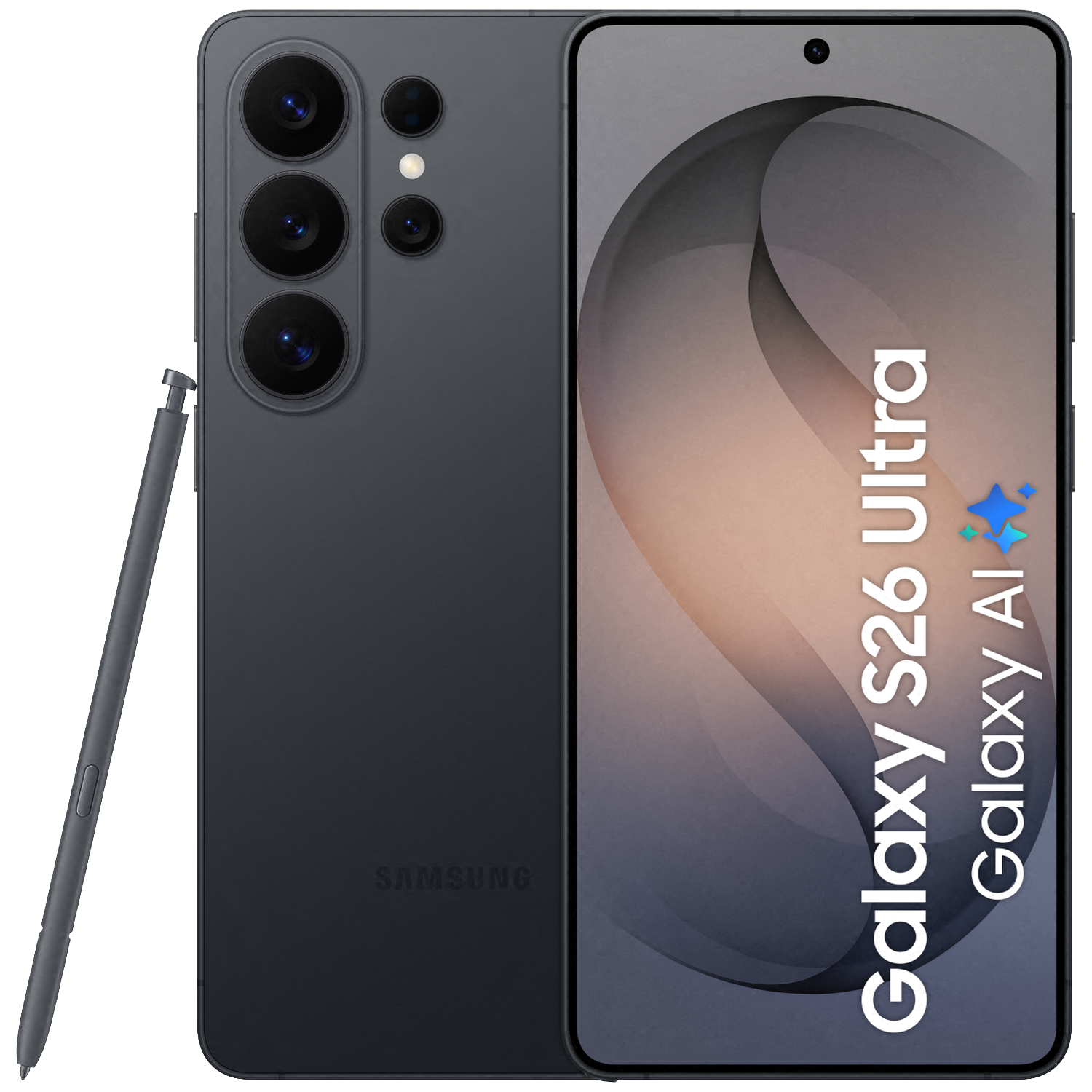 Dark gray Samsung Galaxy S26 Ultra with stylus, rear cameras visible.