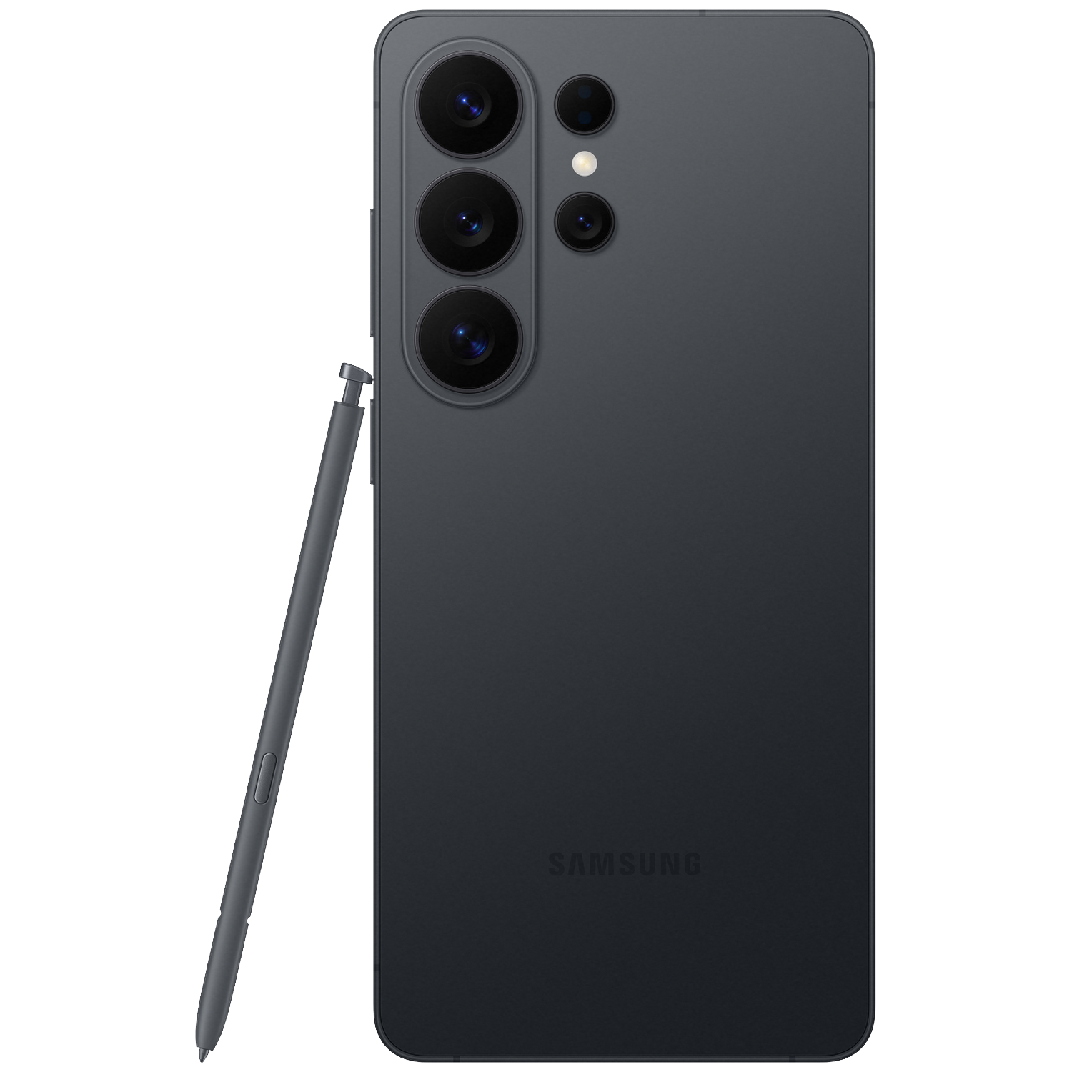 Dark gray Samsung smartphone with S-Pen and four camera lenses.
