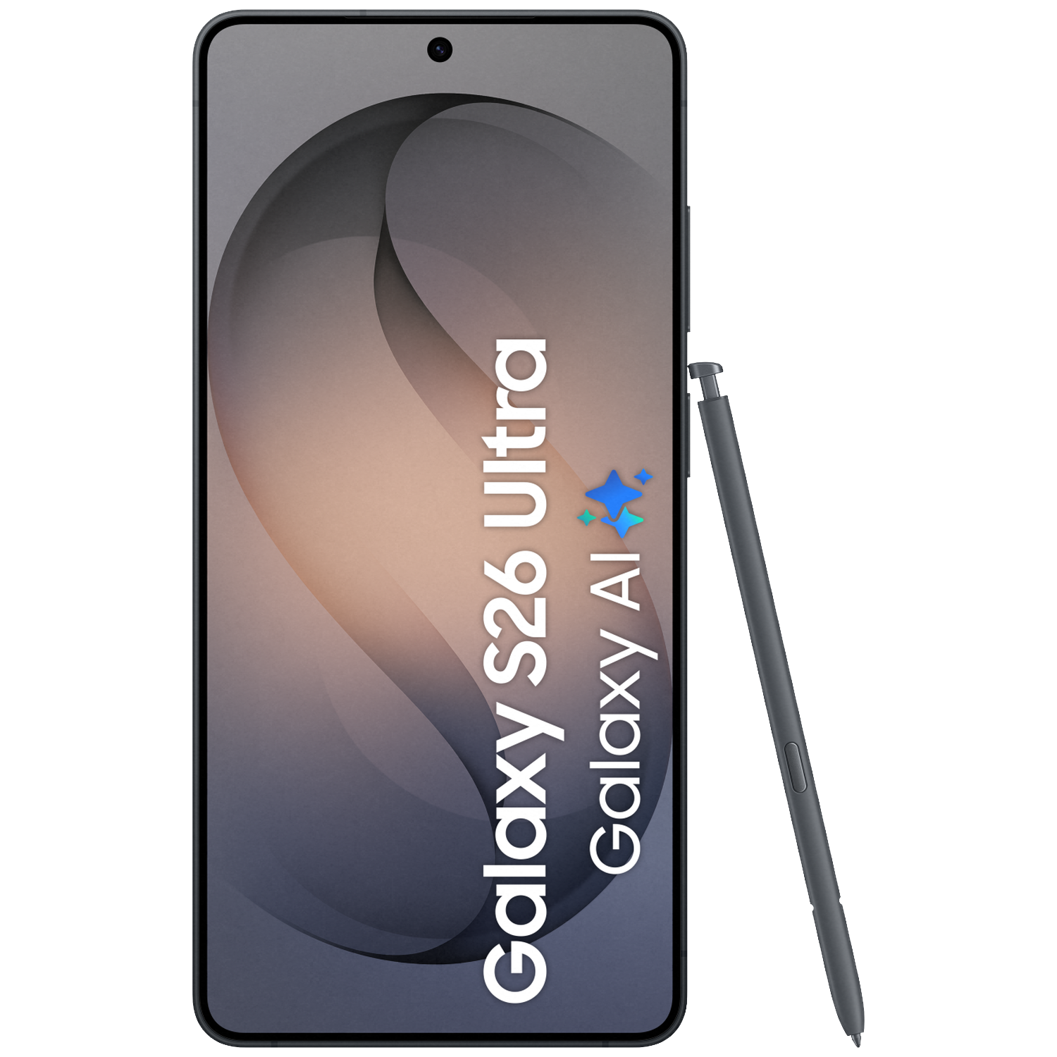A gray smartphone with a stylus next to it, displaying 'Galaxy S26 Ultra' on screen.