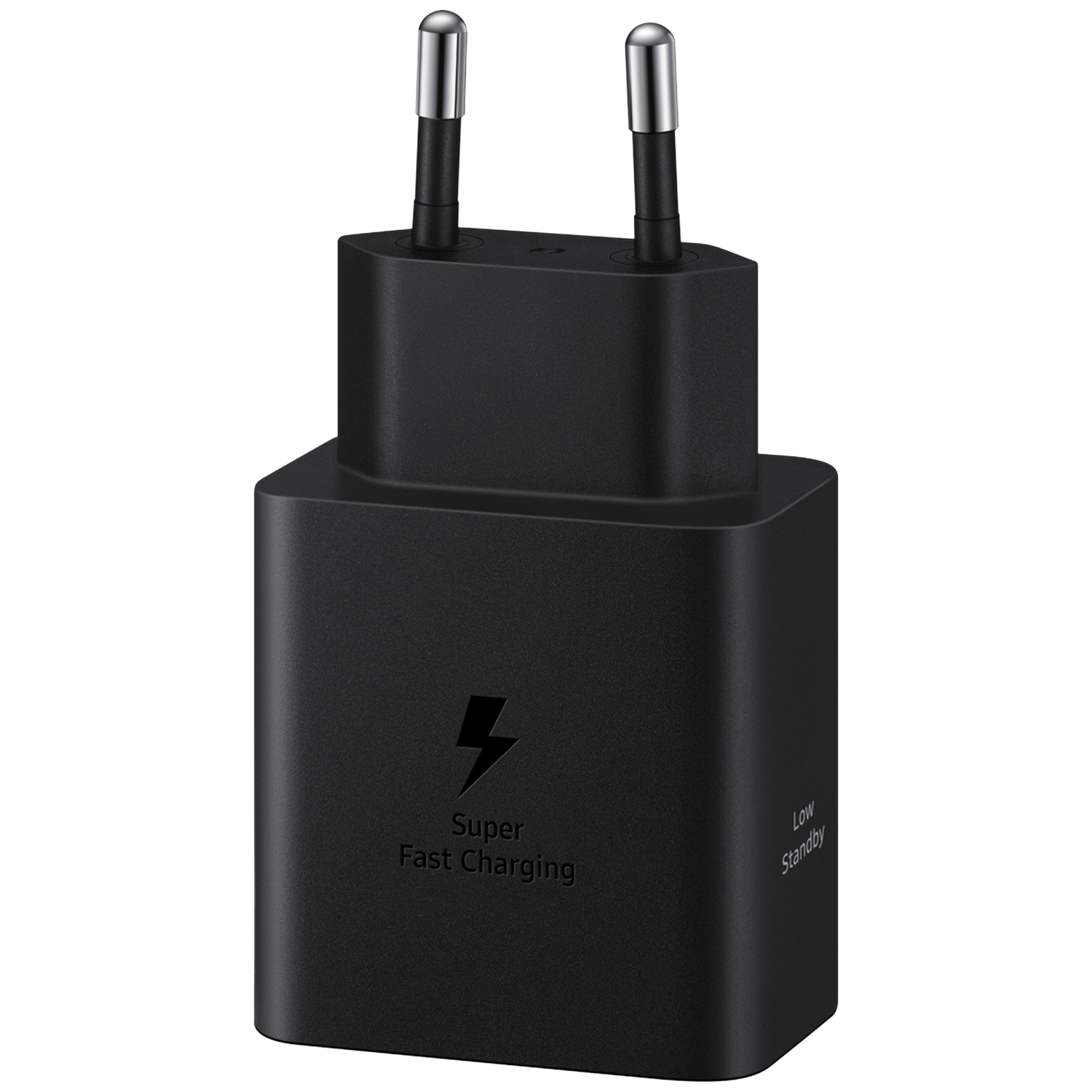 Black power adapter with lightning bolt symbol for fast charging and 'Low Standby'.