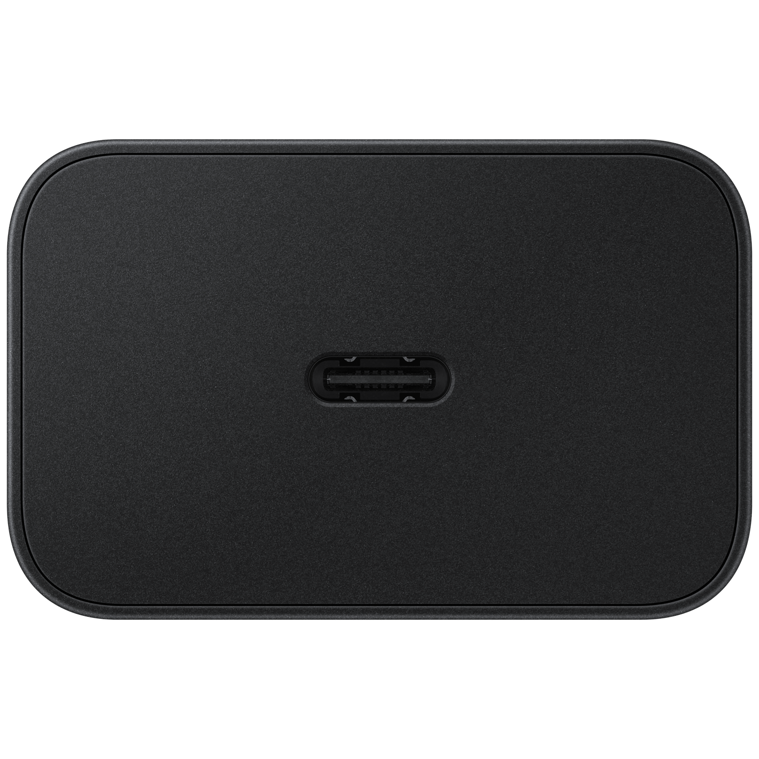 A black USB-C adapter with rounded corners on a black background.