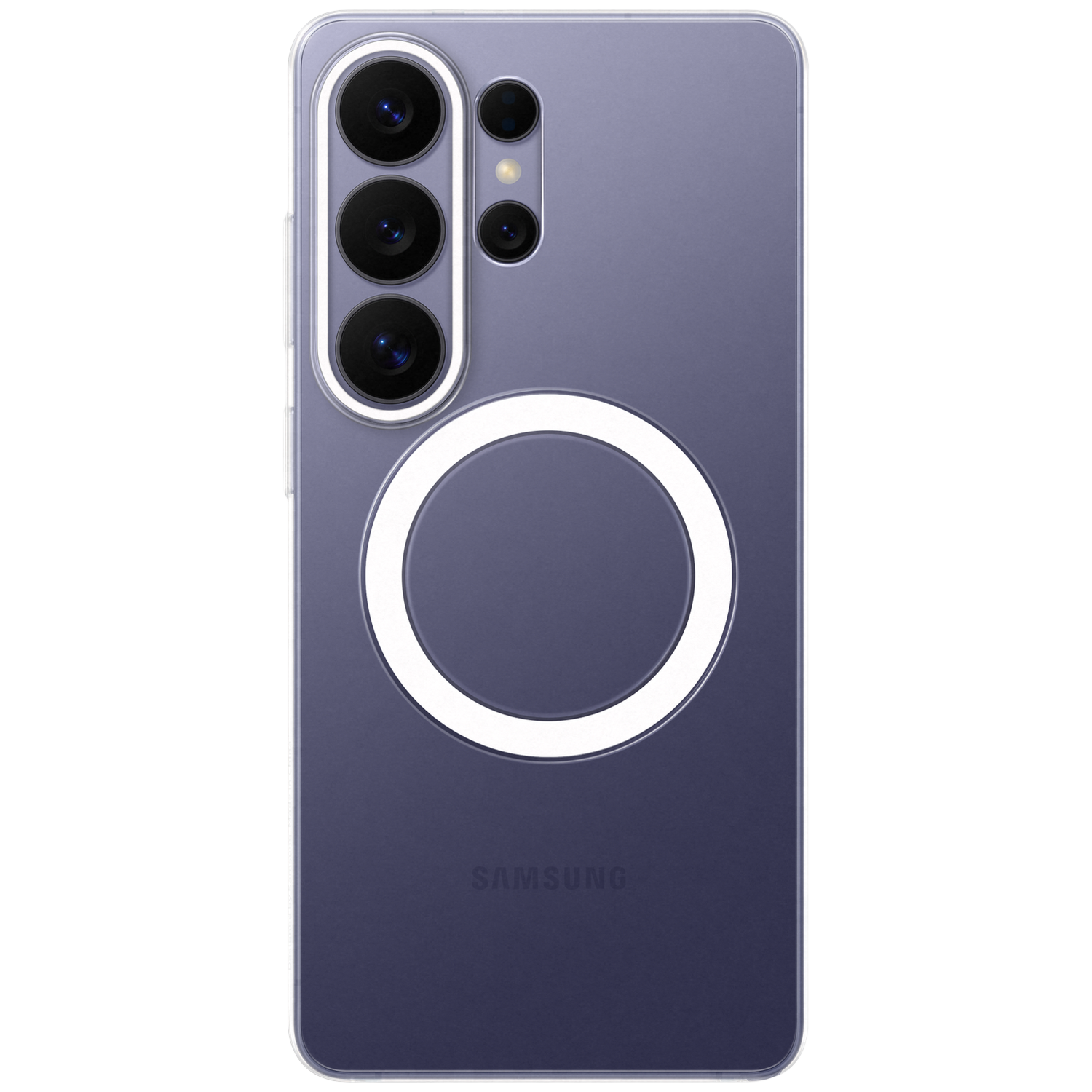 A purple smartphone with four cameras and a white circle on its back.