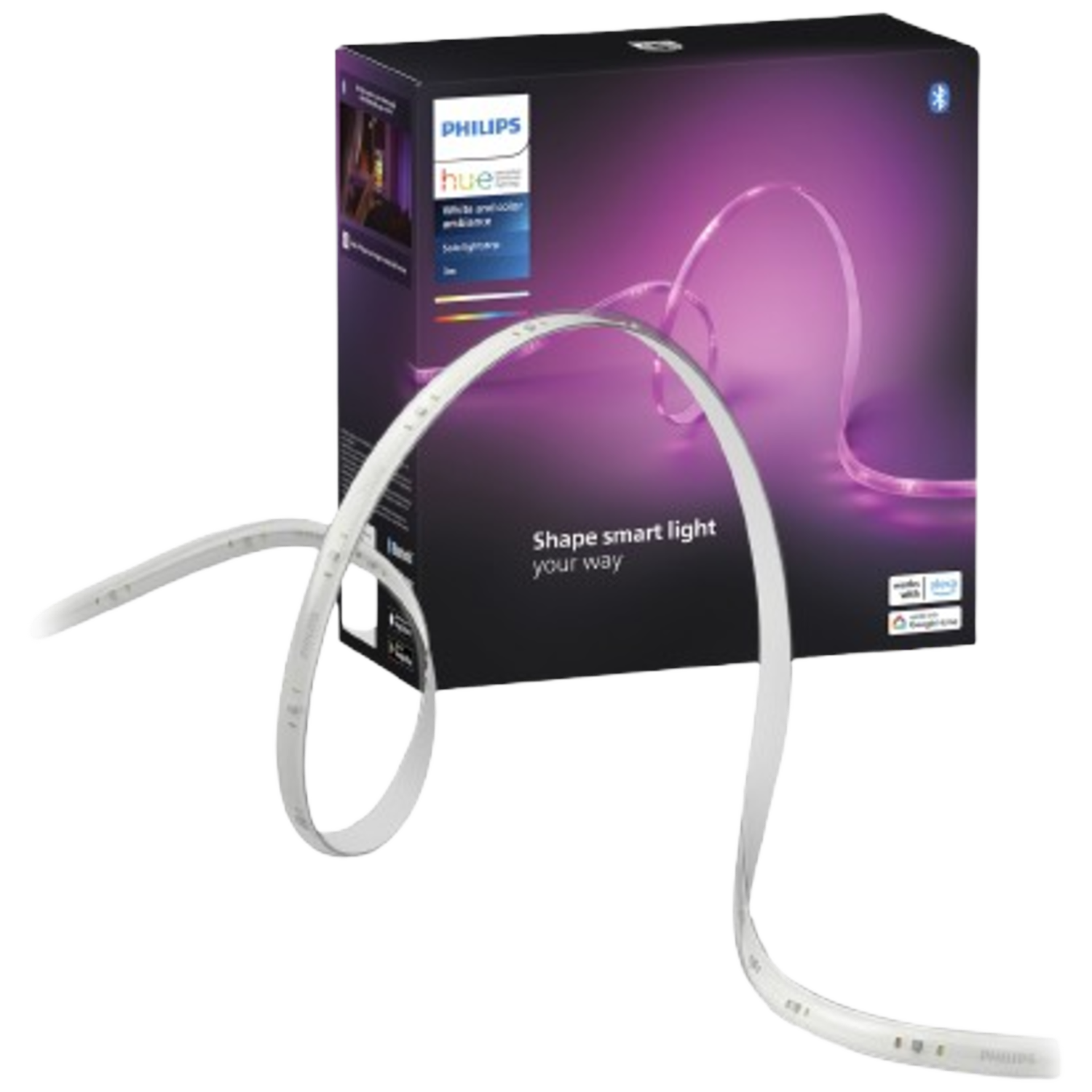 Philips Hue light strip with packaging, purple background lighting.