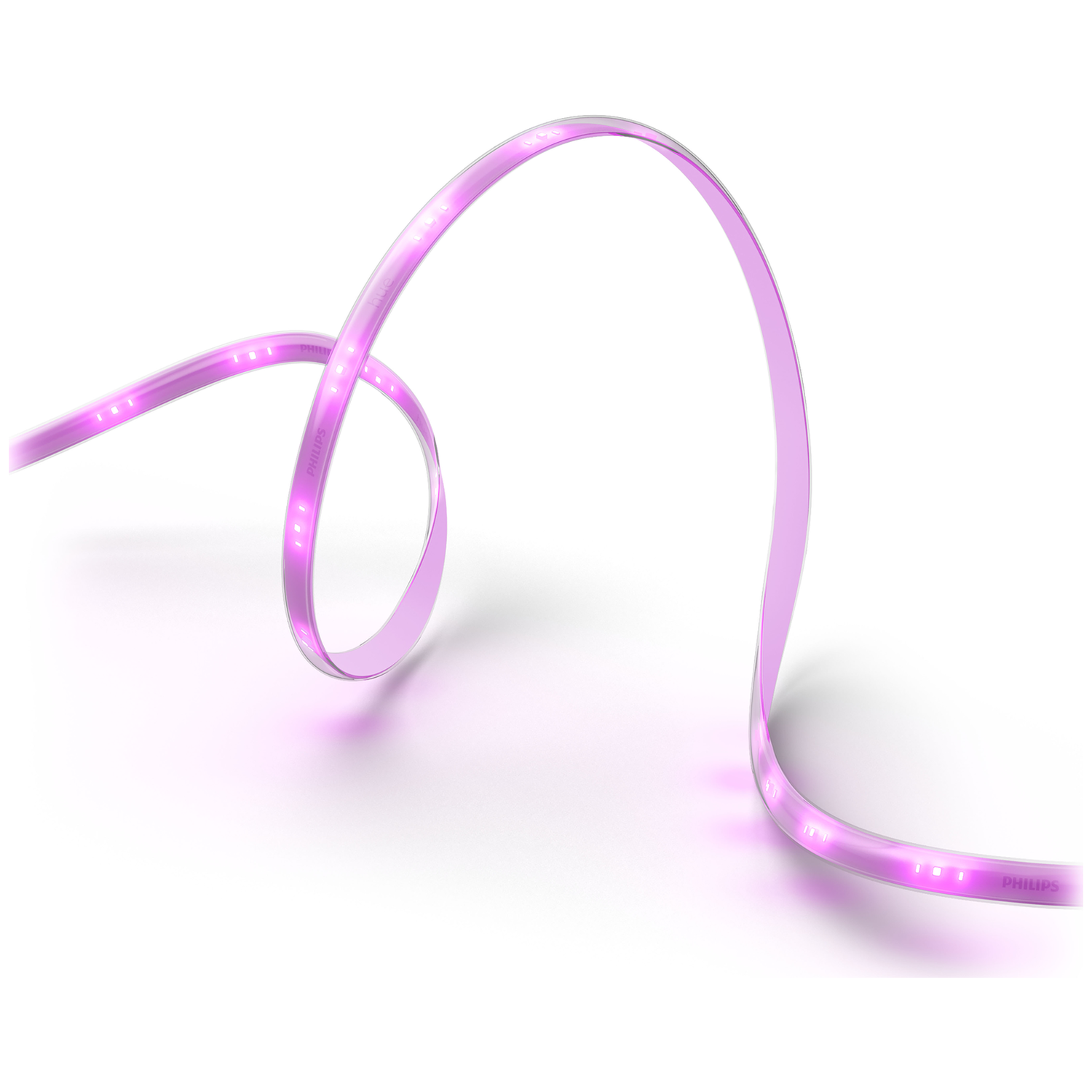A flexible, purple glowing LED light strip with the Philips logo.