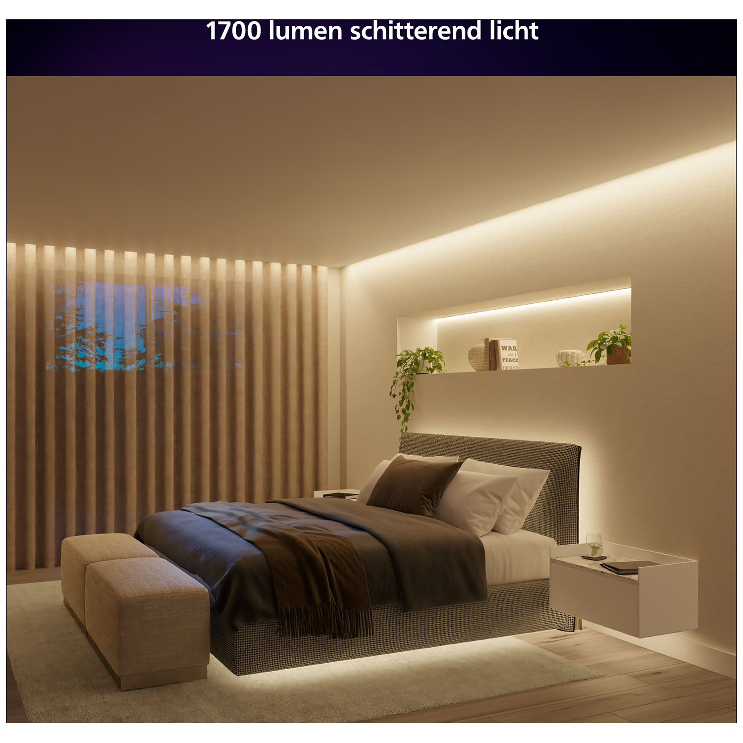 A modern bedroom with a bed, nightstands, and ambient lighting.