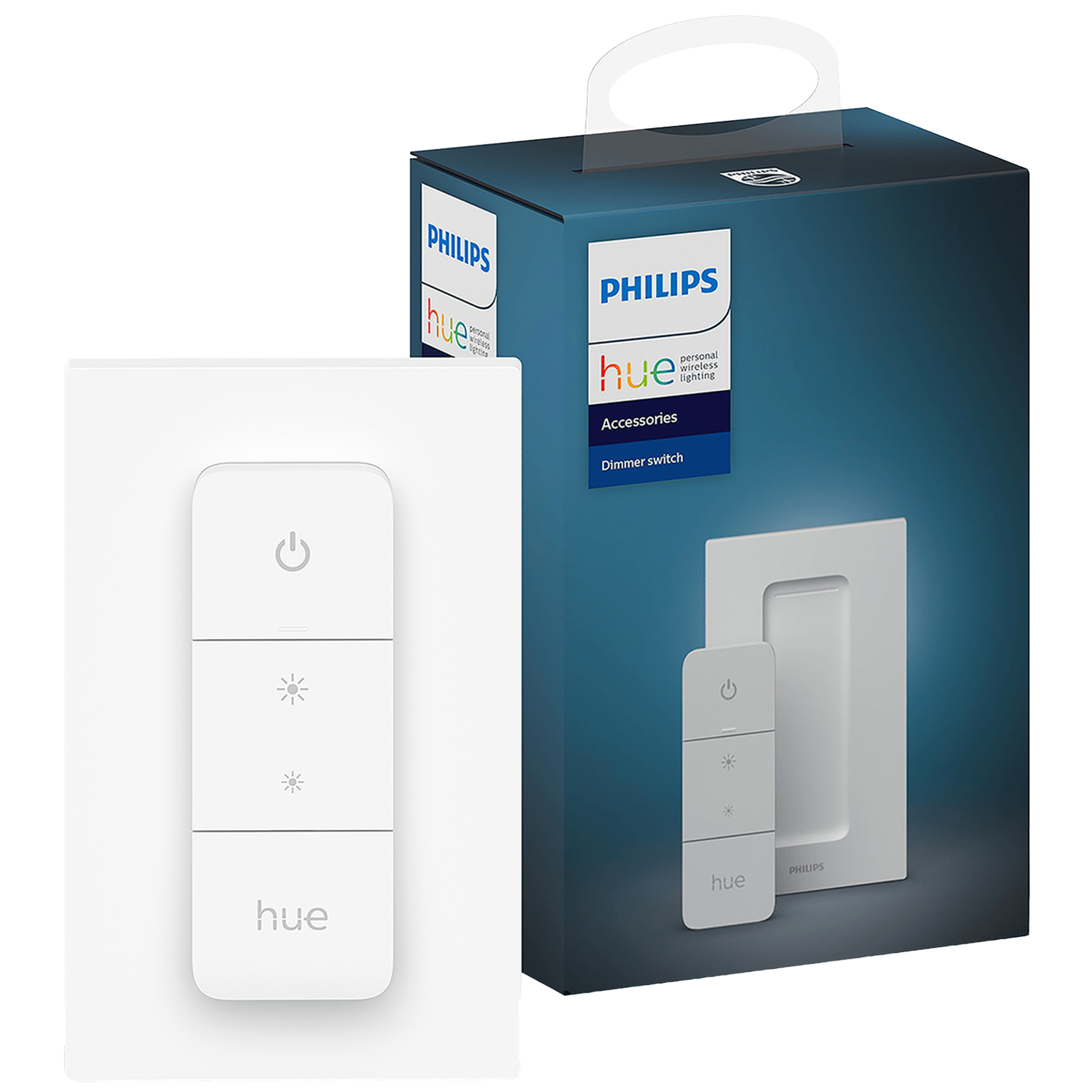 White Philips Hue dimmer switch remote and packaging.
