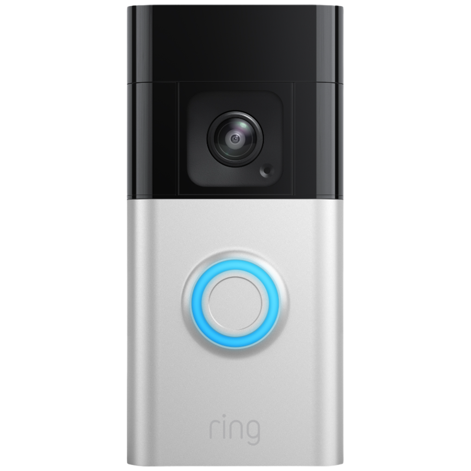 Een zilveren Ring deurbel met zwart bovenstuk en camera.