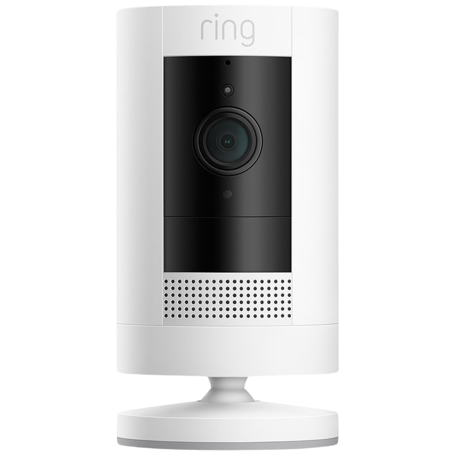 Witte Ring beveiligingscamera met lens en luidsprekergrill.
