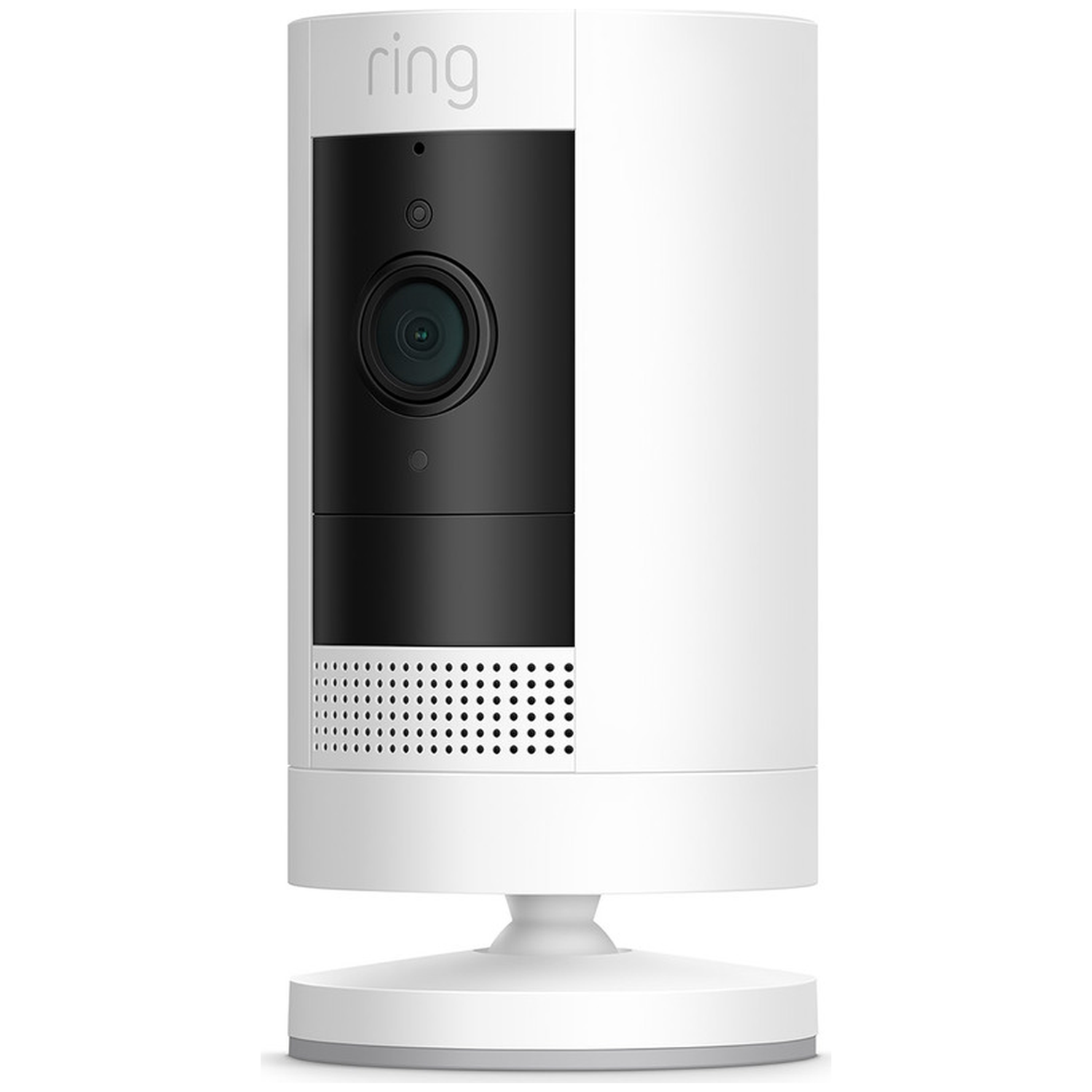 Witte Ring camera met zwart voorpaneel en lens, op een witte basis.
