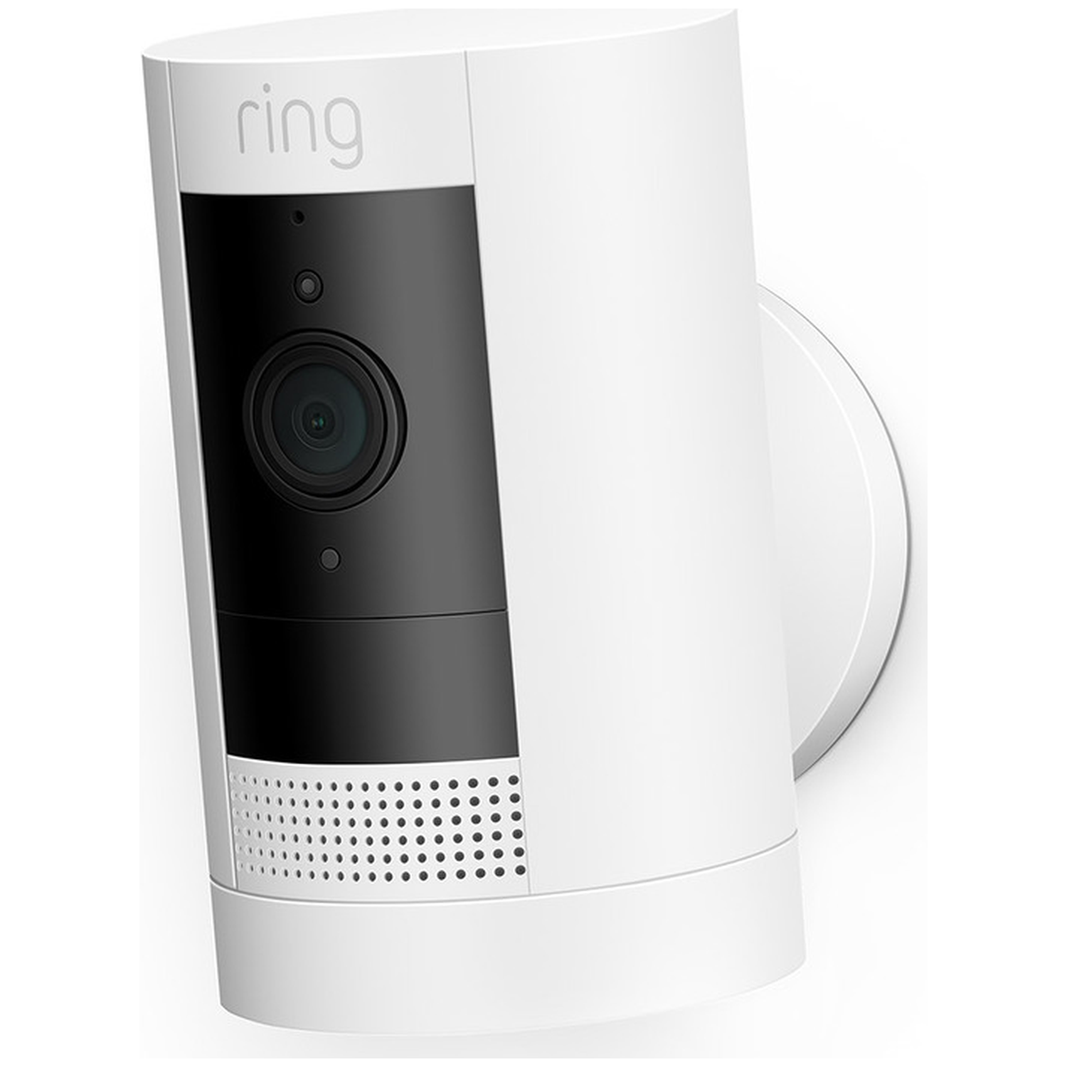 Een witte Ring beveiligingscamera met zwarte voorkant en lens.