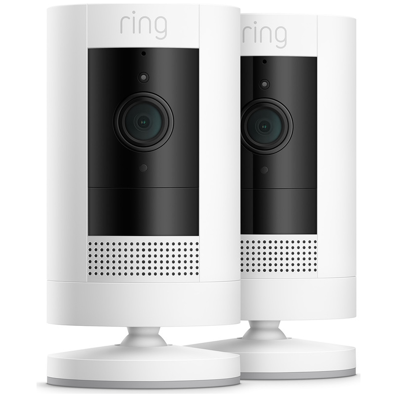 Twee witte Ring beveiligingscamera's met zwarte voorpanelen en lenzen.