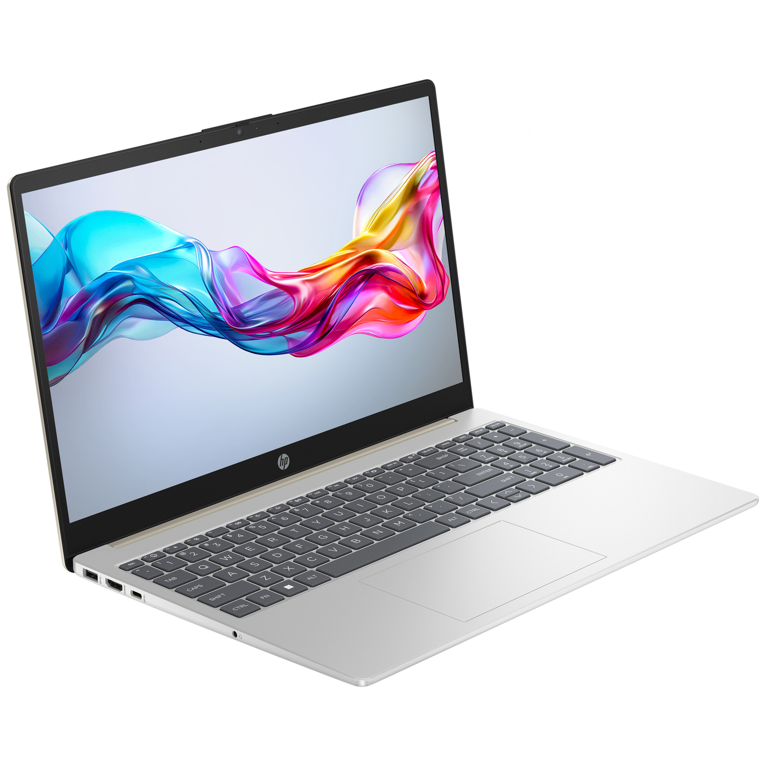 Een zilveren laptop met een kleurrijke, vloeiende achtergrond op het scherm.