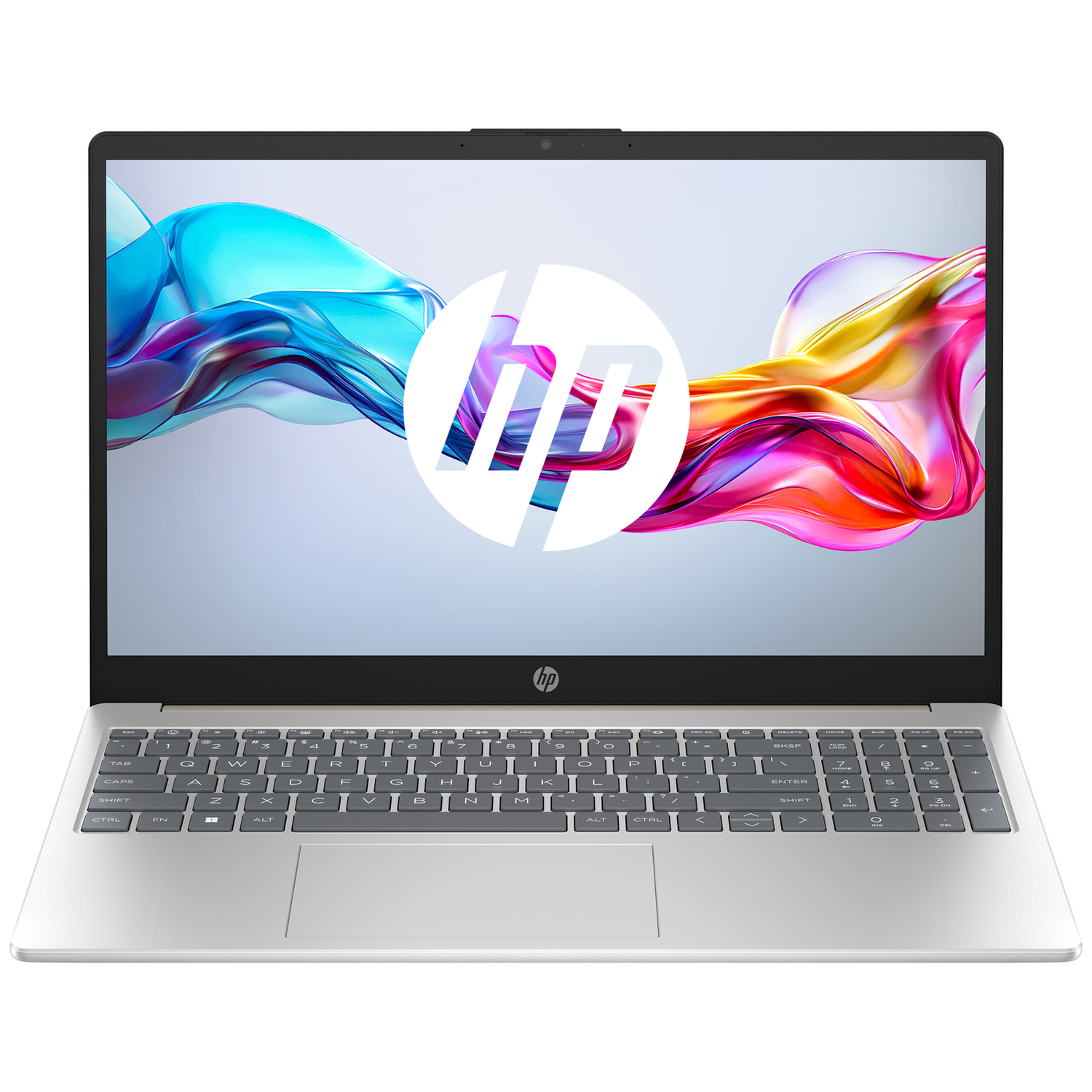 Zilveren HP laptop met verlicht HP-logo op het scherm.