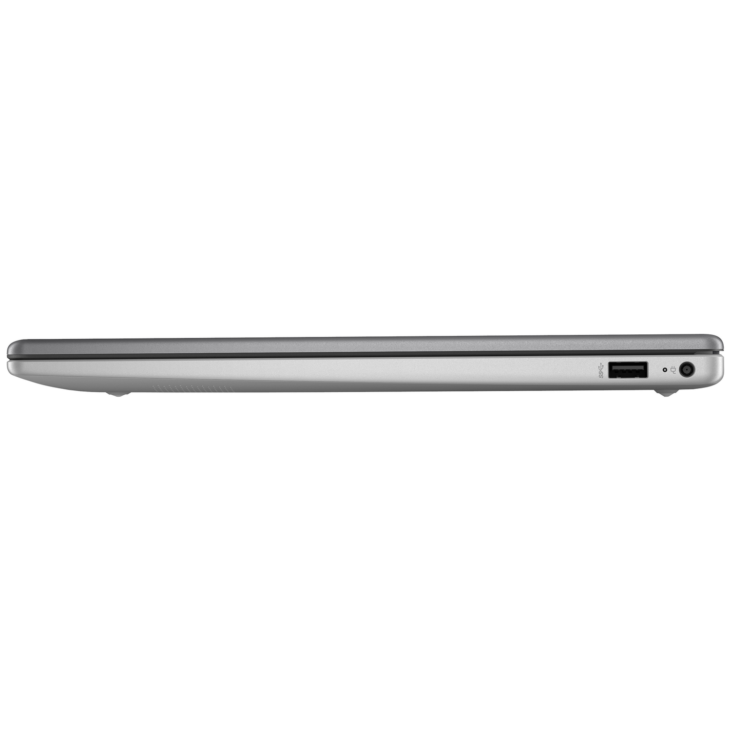 Zijaanzicht van een gesloten laptop met USB-poort en stroomconnector.
