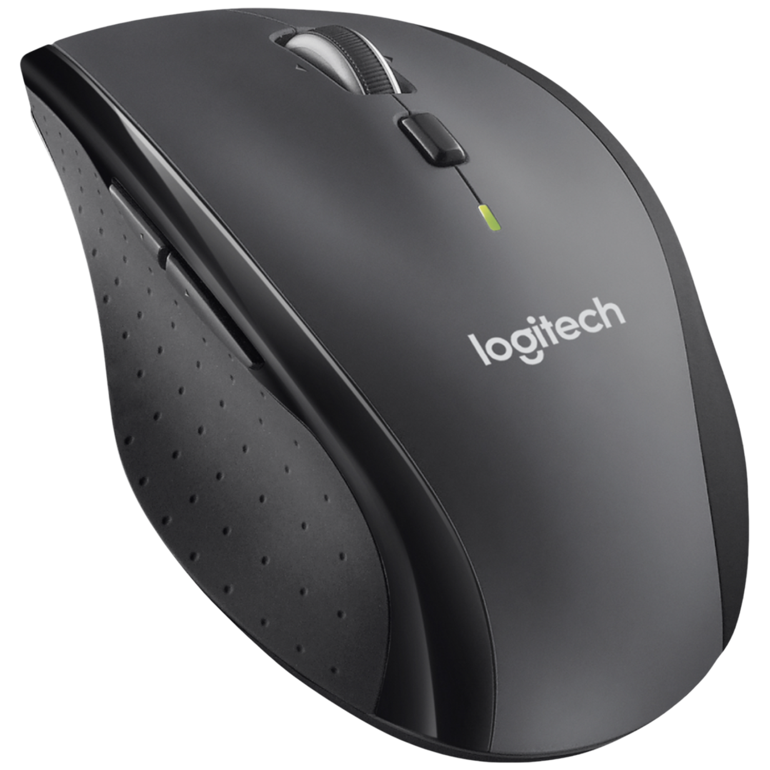 Grijze Logitech muis met scrollwiel, zijtoetsen en zwarte textuur grip.