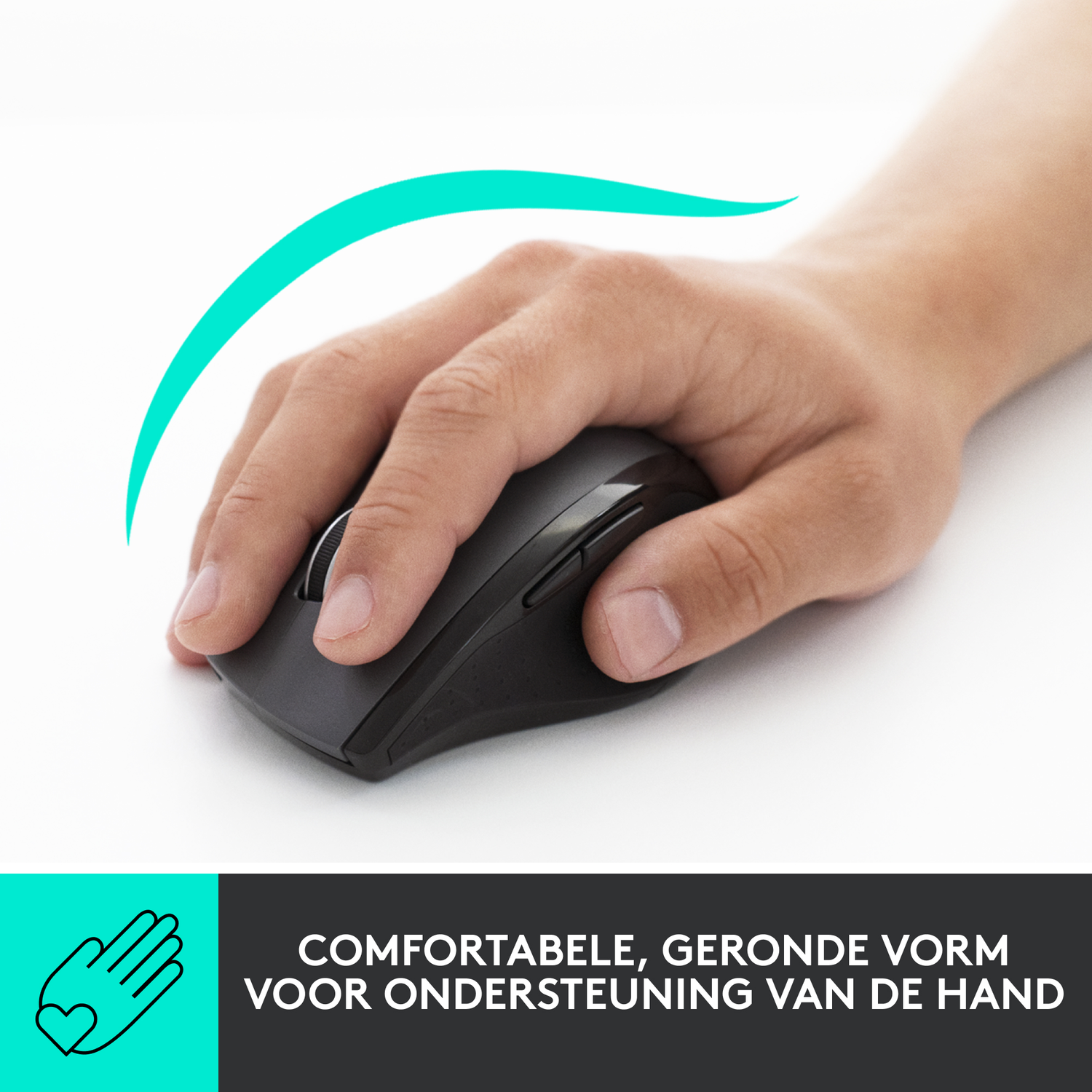 Een hand bedient een zwarte muis, met een turquoise lijn erboven.