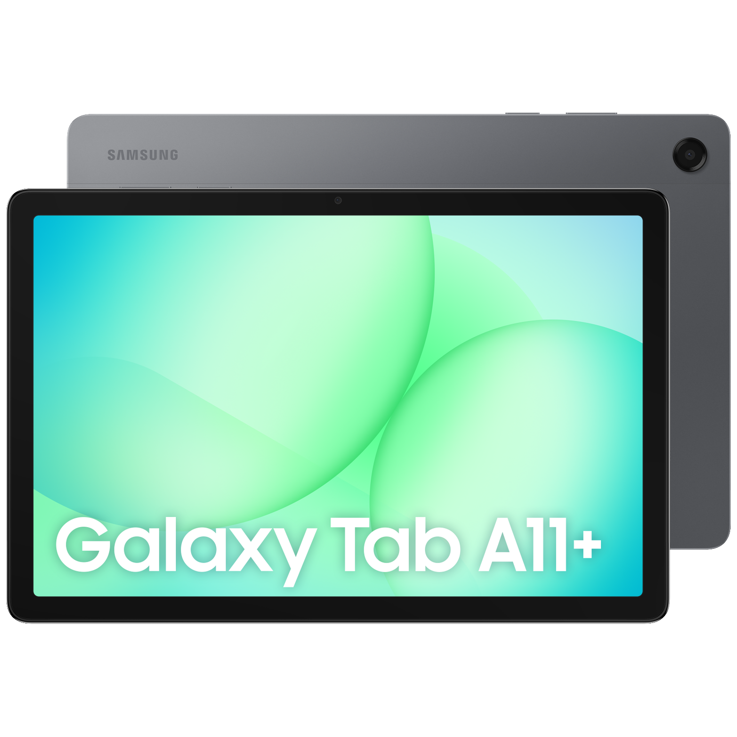 Een grijze Samsung Galaxy Tab A11+ tablet met cameramodule.