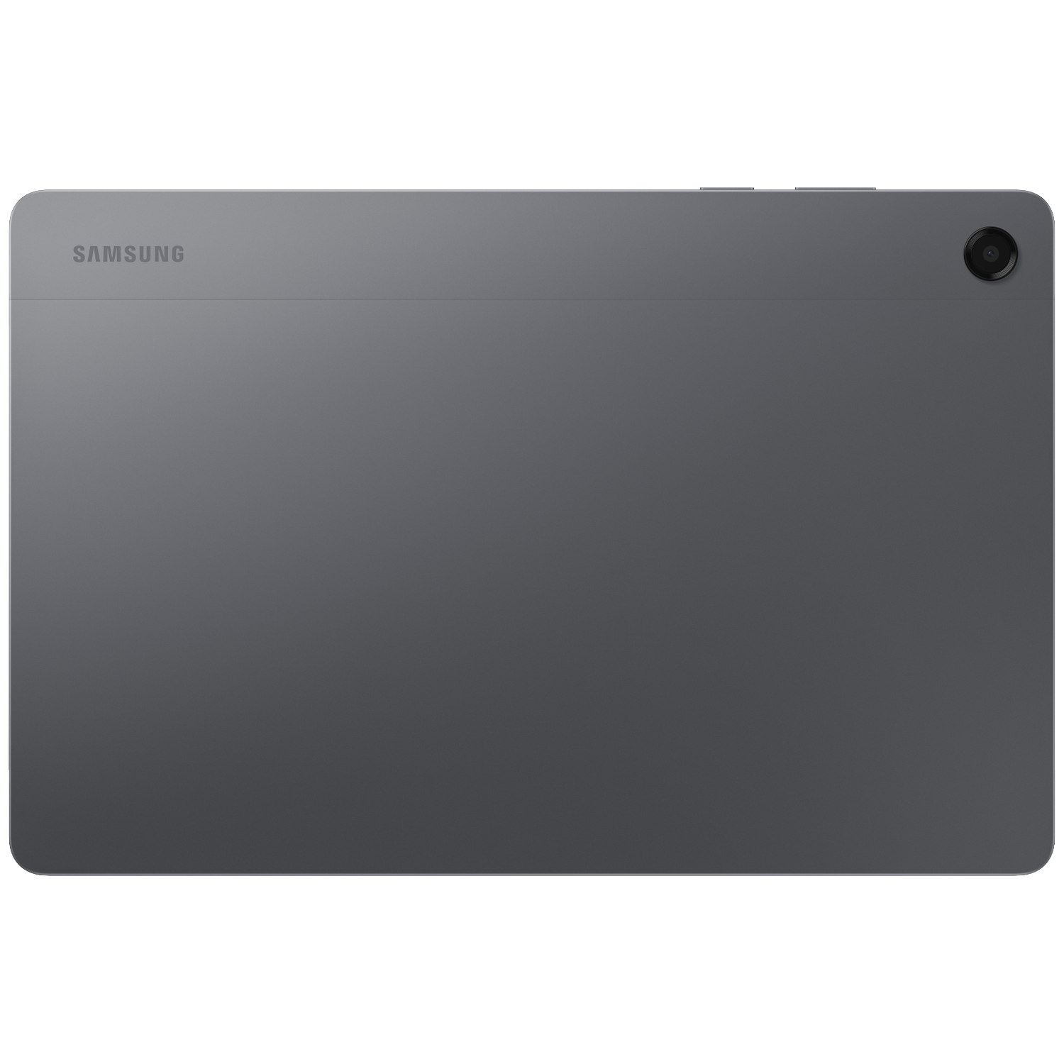 Achterkant van een grijze Samsung-tablet met cameralens en logo.