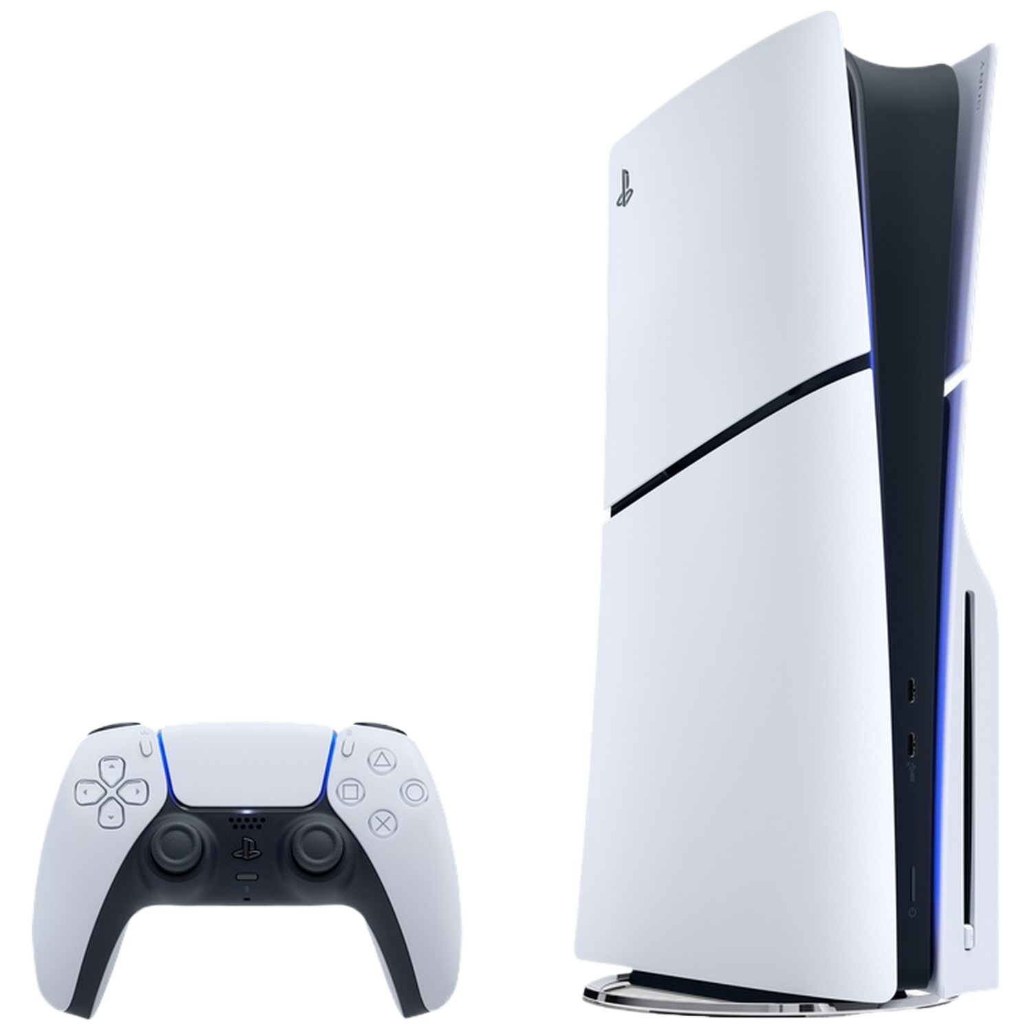 A white PS5 console and a white controller stand side-by-side on a white background.