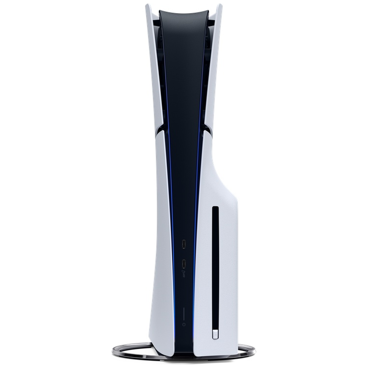 A white and black game console with blue accents stands on a silver base.