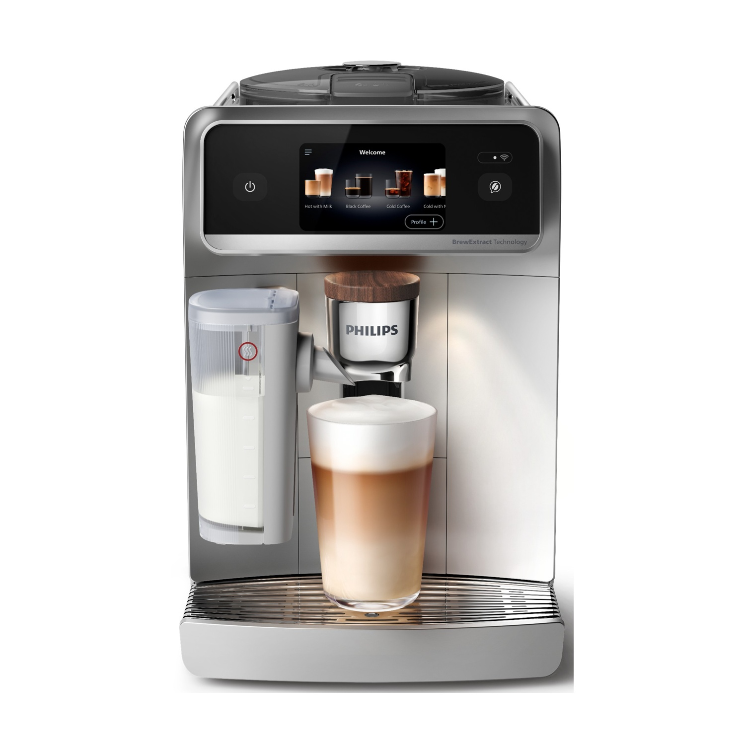 Macchina da caffè Philips argentata con contenitore del latte e un bicchiere di latte macchiato.