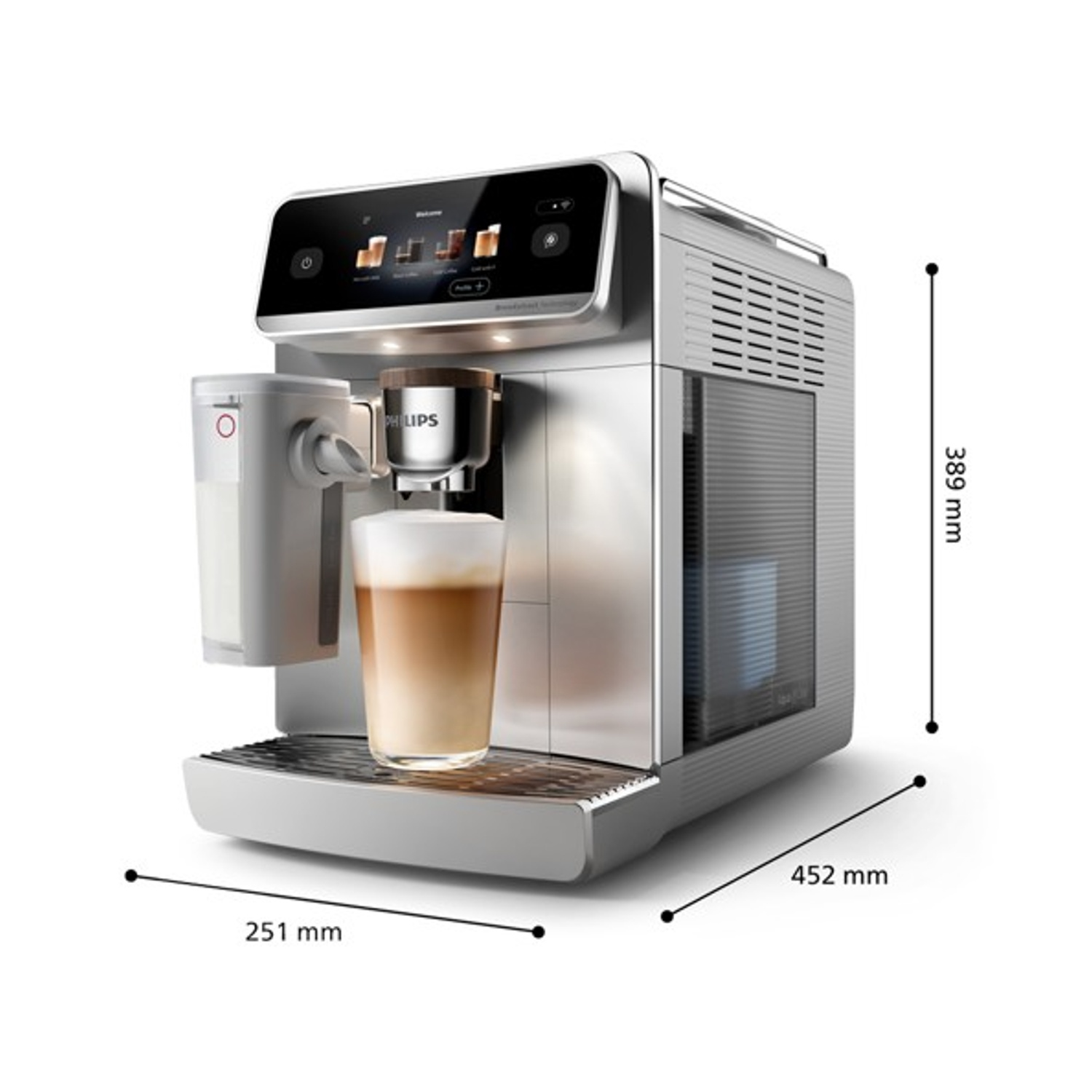 Macchina da caffè automatica argentata con un bicchiere di latte macchiato, dimensioni indicate.
