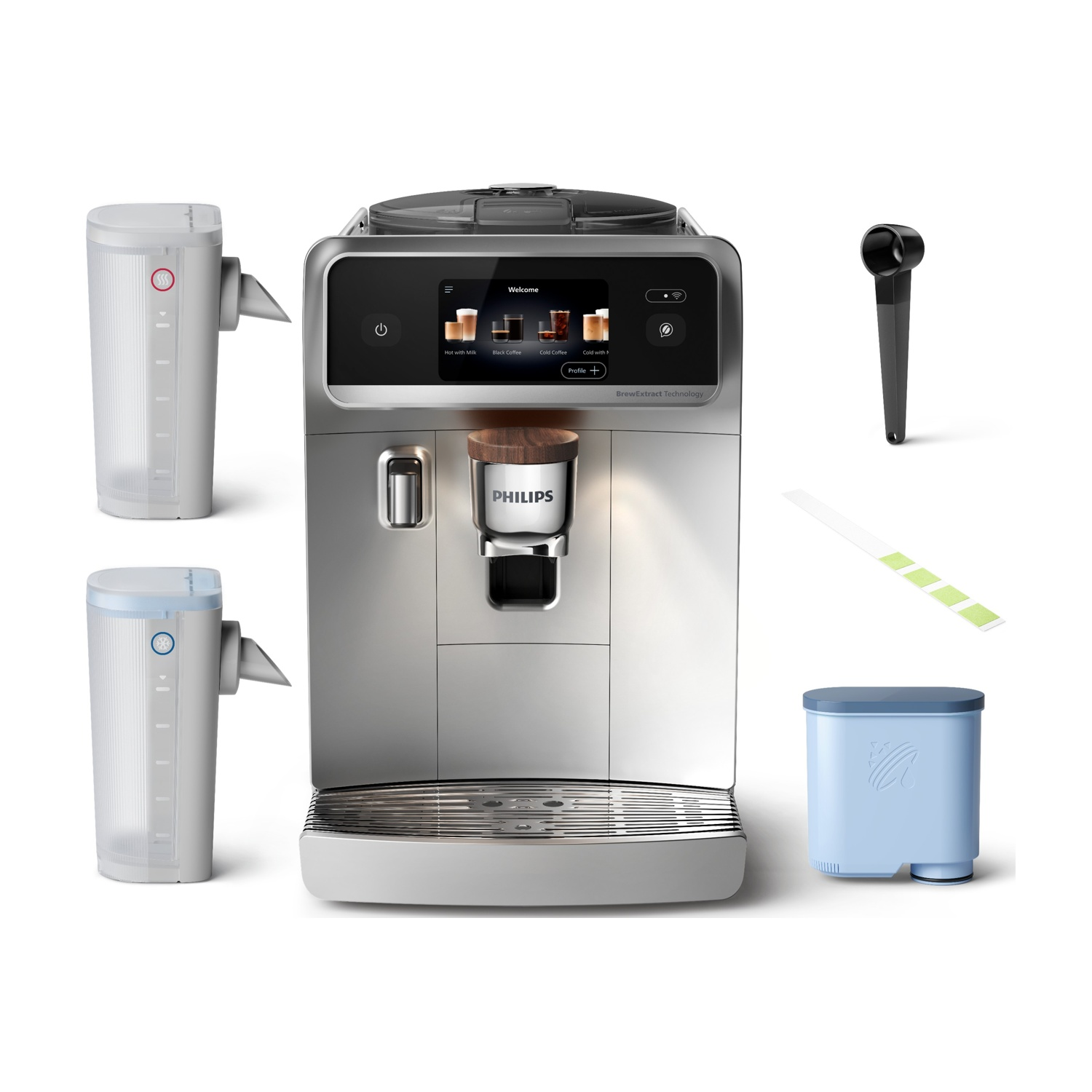Macchina da caffè con accessori: due serbatoi d'acqua, filtro, misurino e strisce reattive.
