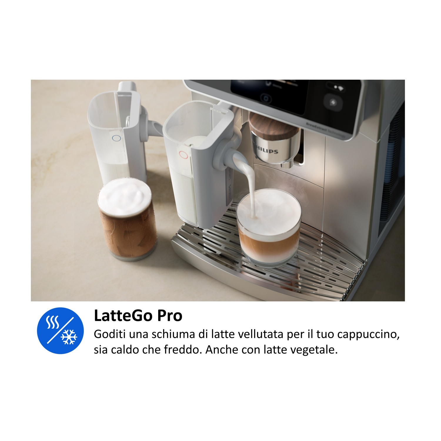 Una macchina da caffè con contenitori per latte e due tazze, una con schiuma di latte.
