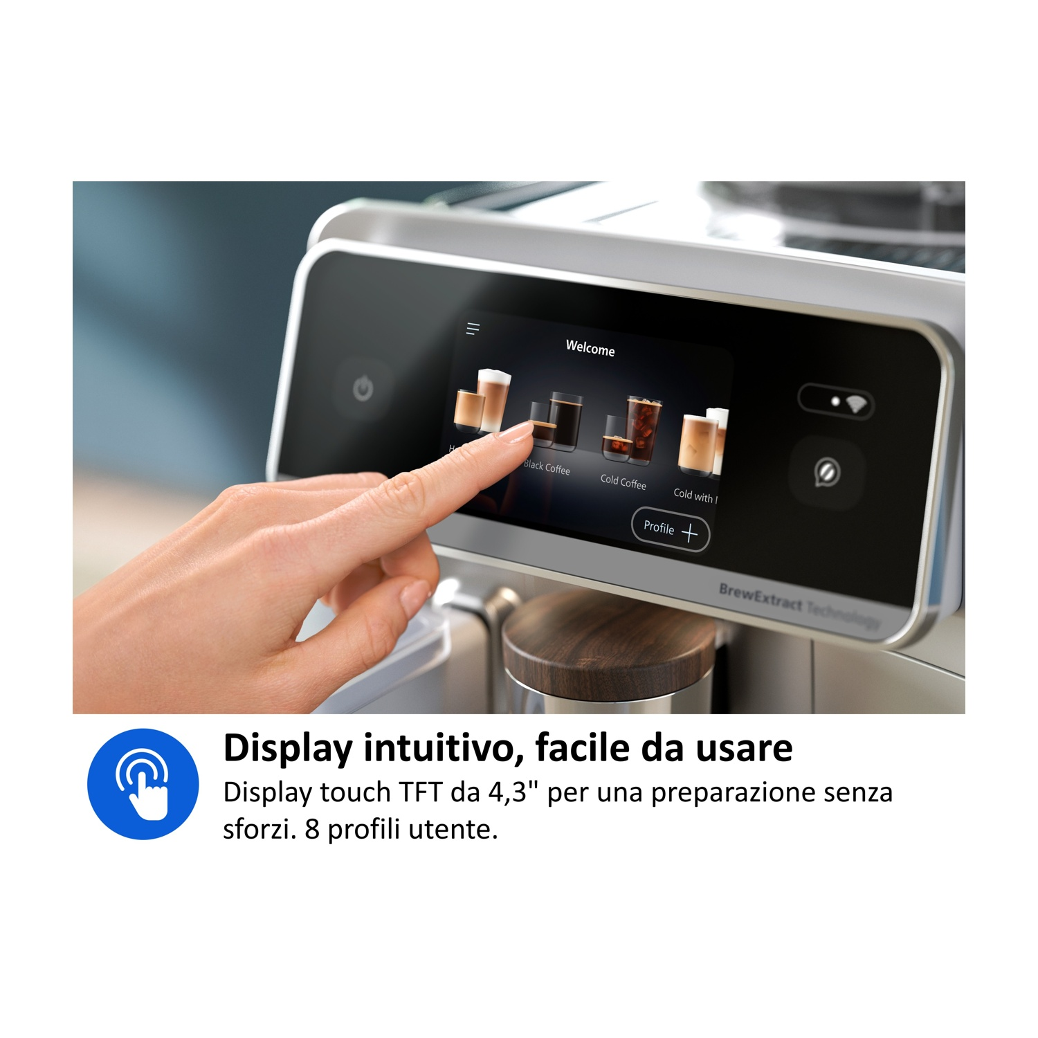 Una mano tocca lo schermo di una macchina da caffè con opzioni.