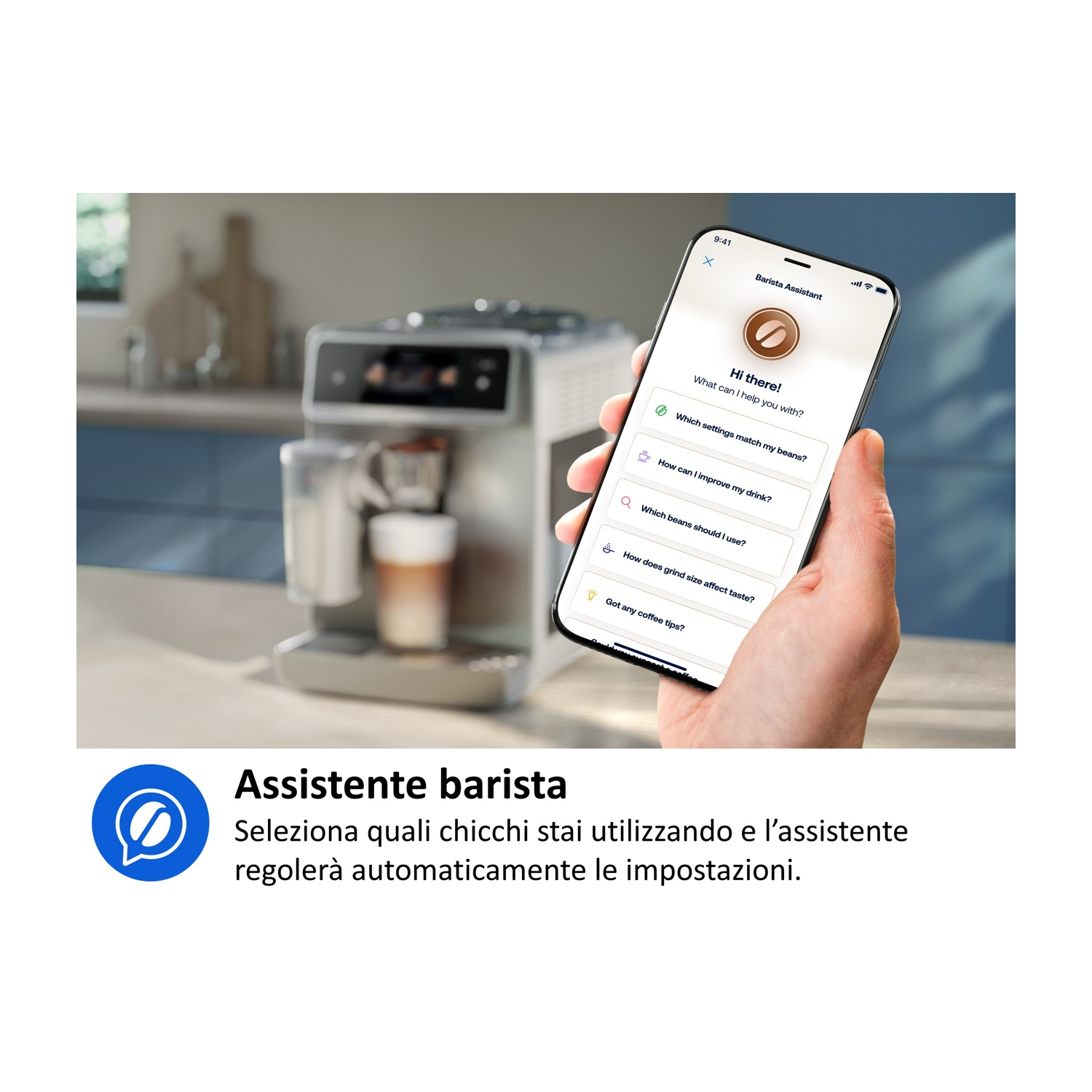 Uno smartphone mostra l'app Barista Assistant accanto a una macchina da caffè.