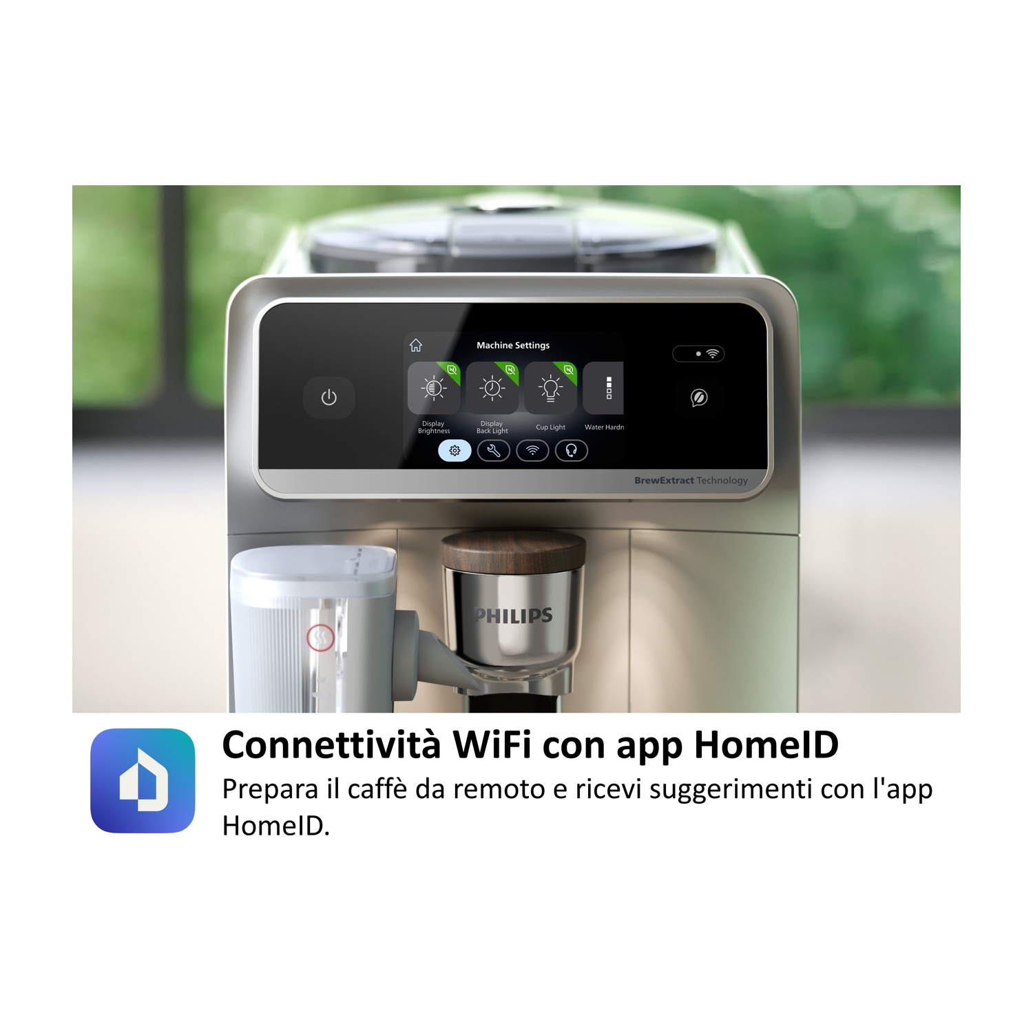 Macchina da caffè con impostazioni touchscreen per luminosità, luci e durezza dell'acqua.