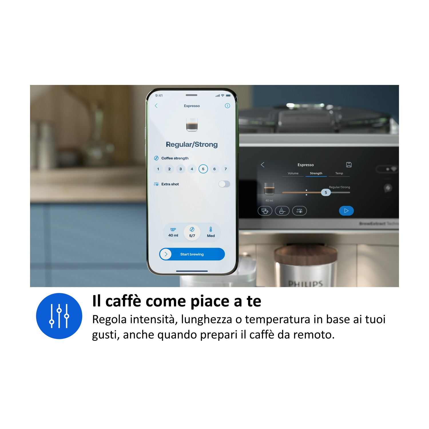 Smartphone mostra app macchina espresso con impostazioni caffè. Una macchina da caffè visibile.