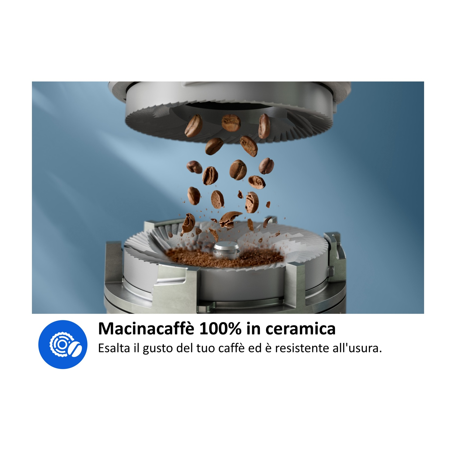 Macinacaffè con macine in ceramica, chicchi di caffè macinati.