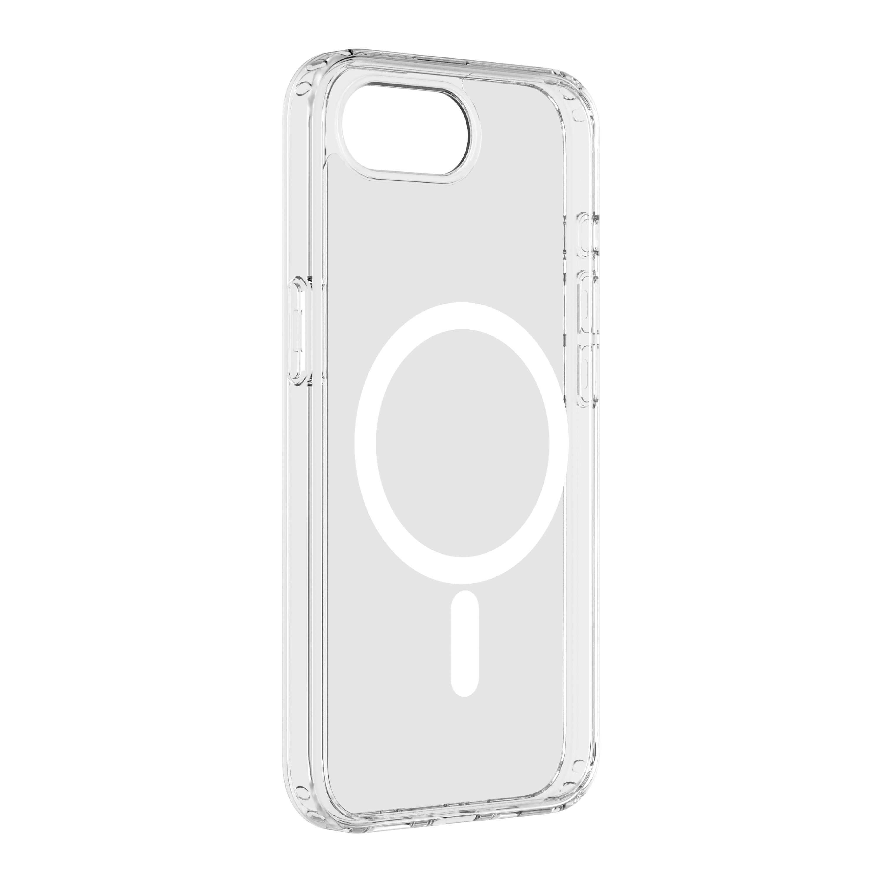 Funda transparente para teléfono con círculo magnético blanco y recorte para lente.
