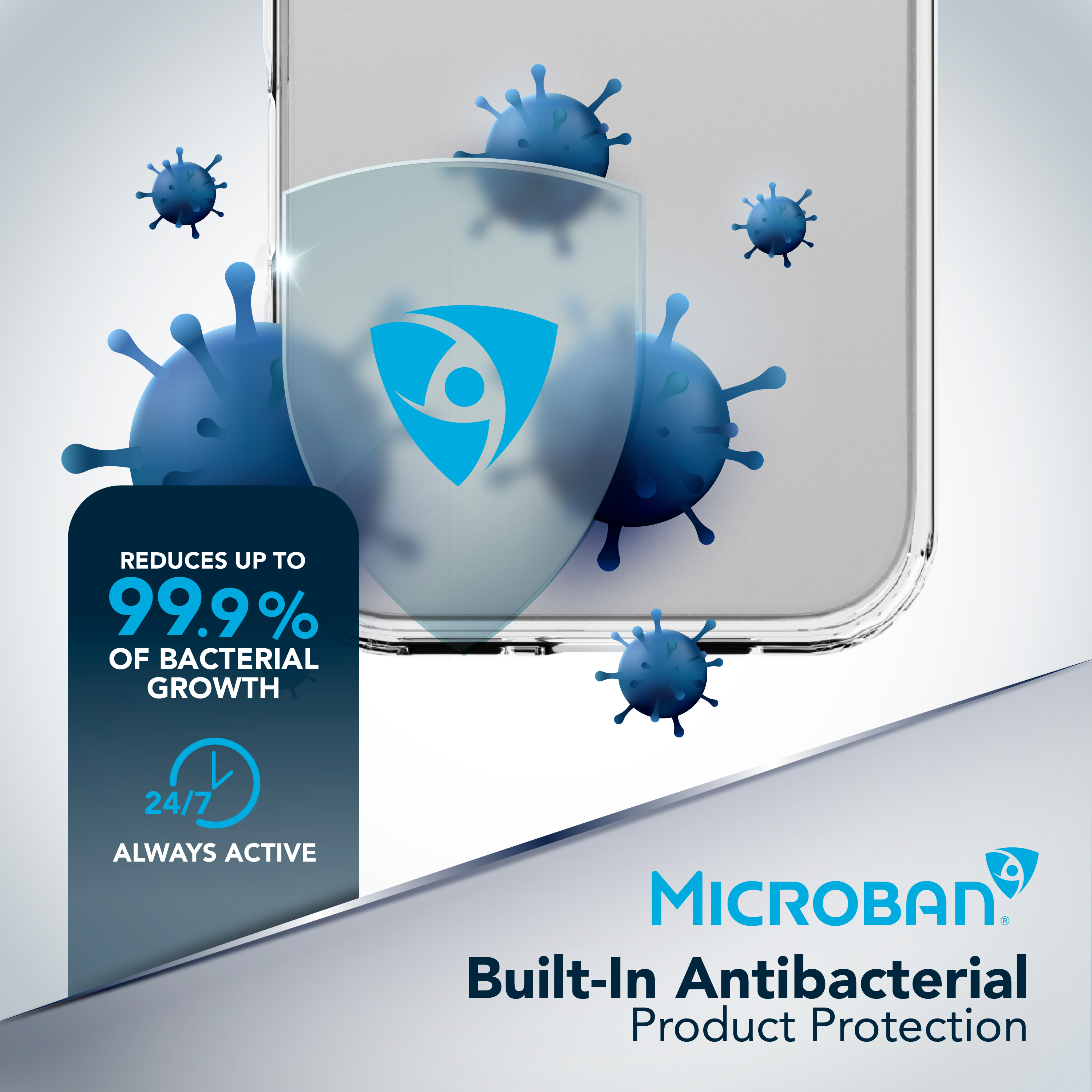 Funda transparente con escudo azul y microbios alrededor, texto “Reduces up to 99.9% of bacterial growth” y logo Microban.