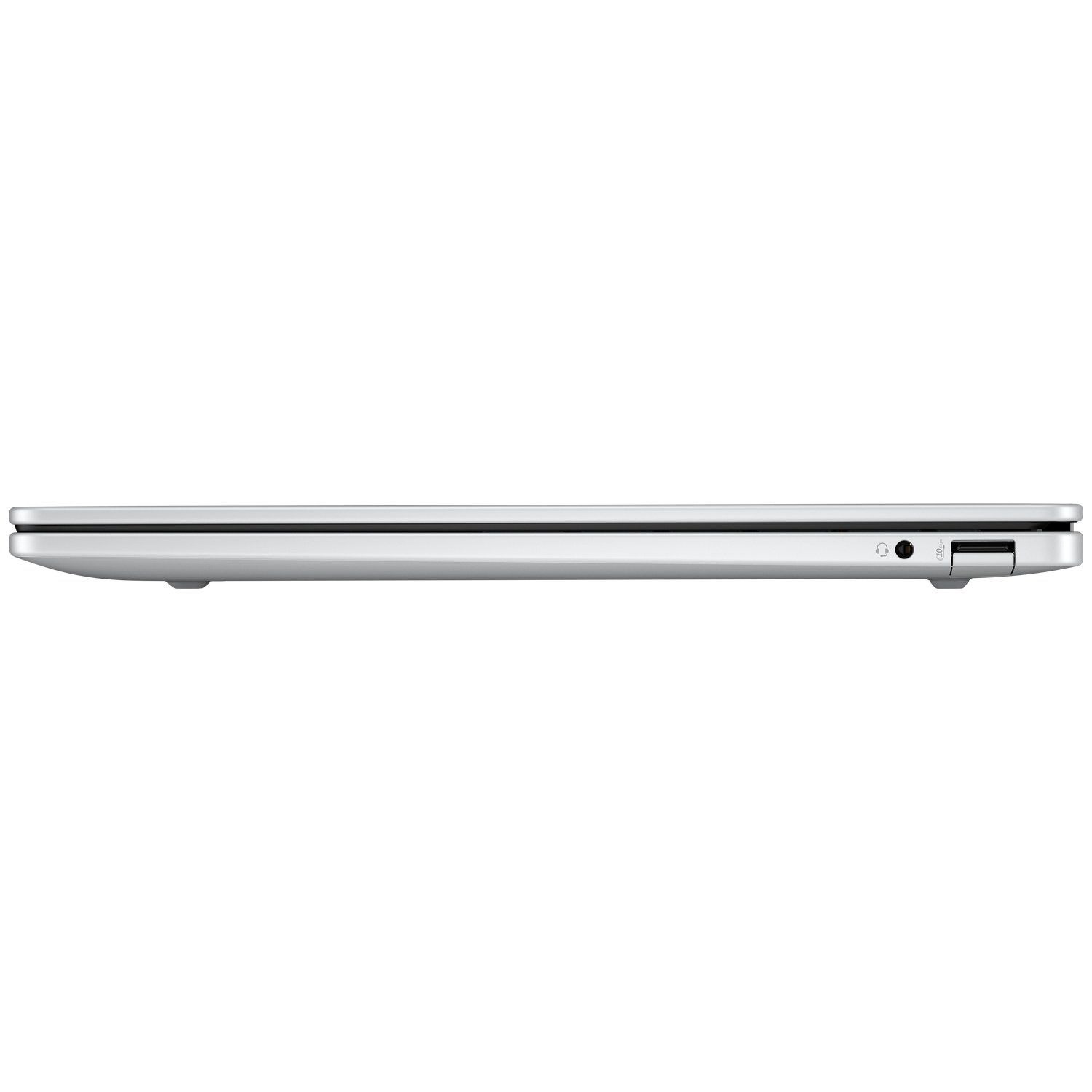 Een zilveren laptop gesloten, zijaanzicht met poorten.