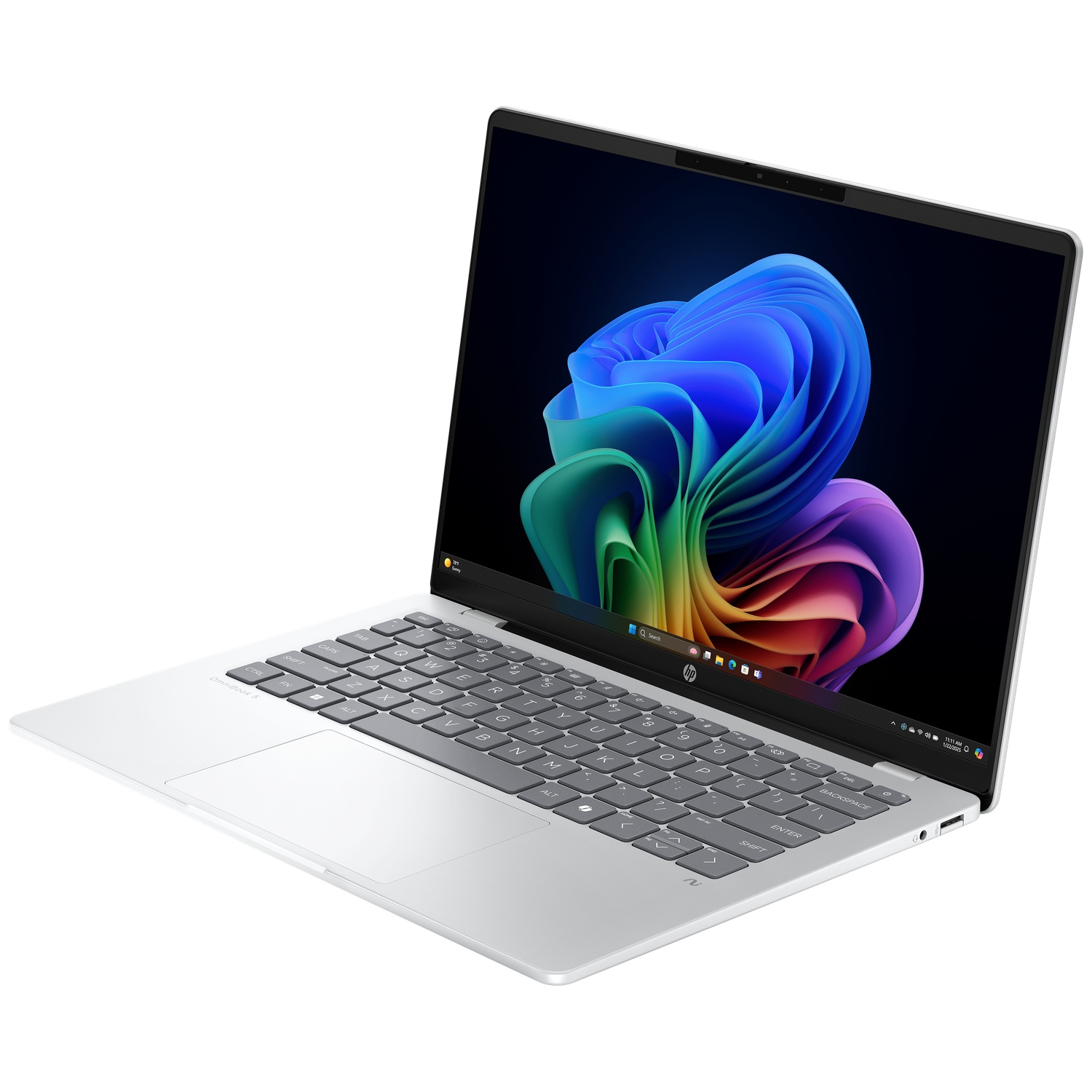 Een zilveren laptop met een kleurrijke achtergrond op het scherm.